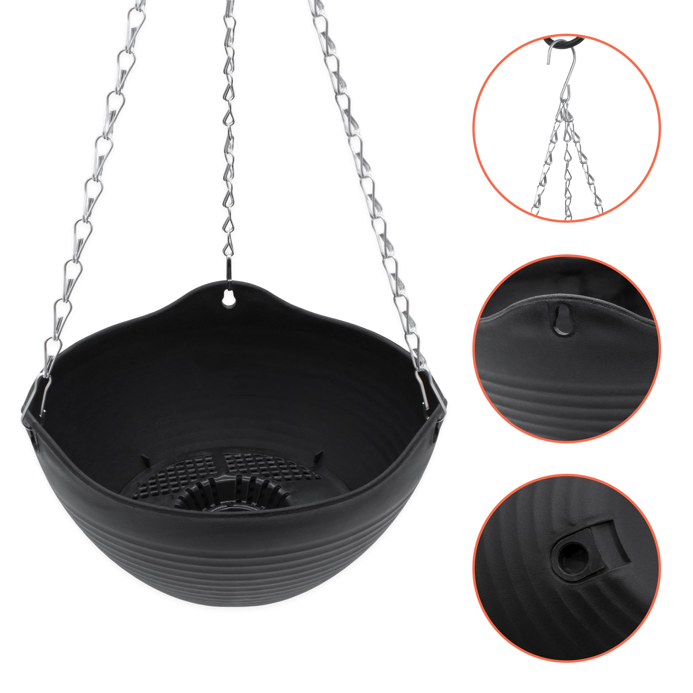 Spetebo Lot de 2 paniers suspendus anthracite avec structure rainurée - 25 cm - En plastique - Avec écoulement et chaîne en métal - Décoration de jardin - Pot de fleurs suspendu