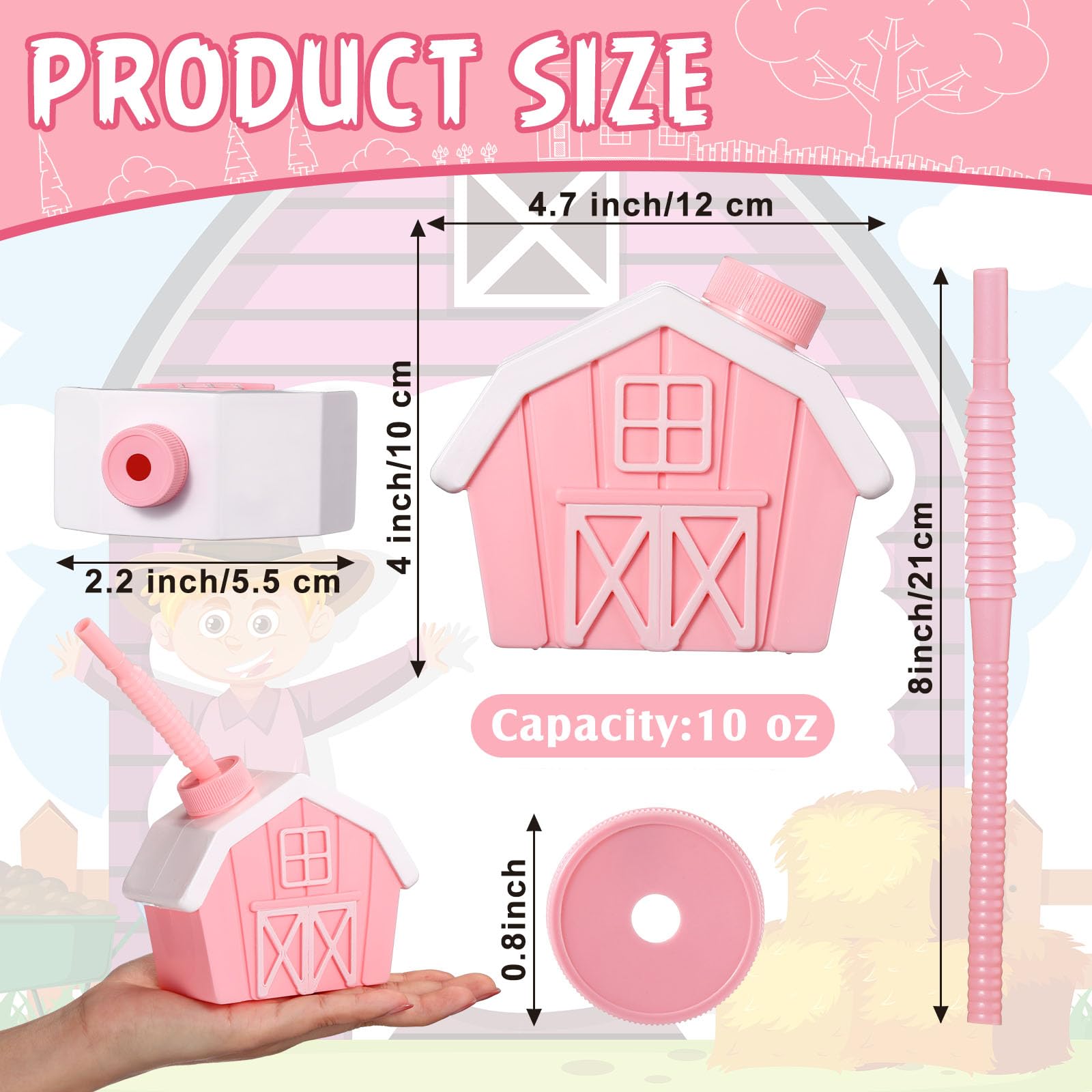 Tanlade 24 Pcs Farmhouse Cups with Lids and Straws, 10 oz Toy Farmhouse Cups for Farm Birthday Party, Barnyard Animals Party, Baby Shower Farm Animals Themed Party Decorations Favor Supplies (Pink)