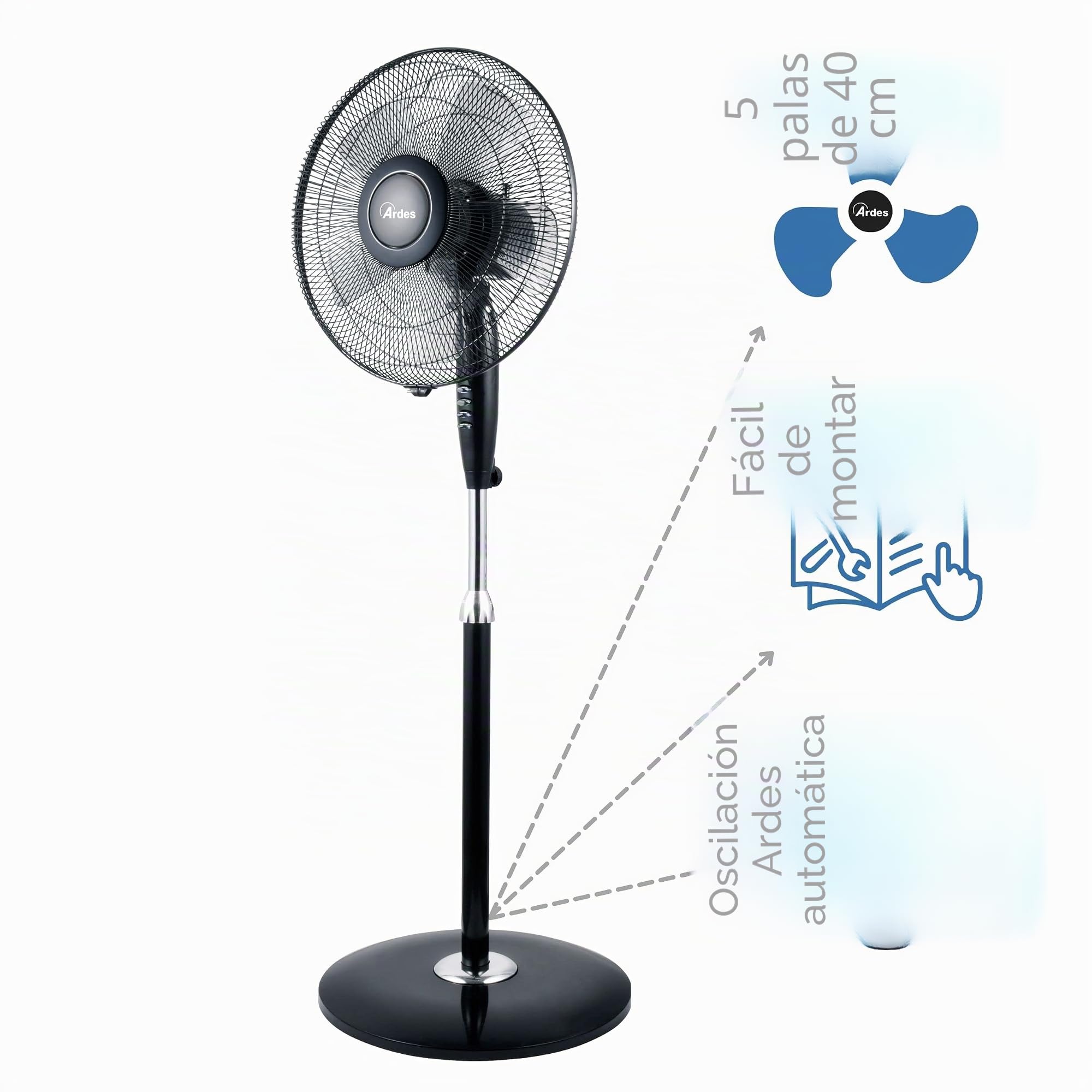 ARDES Ventilador de Pedestal Potente Silencioso 5 Aspas 40 cm Oscilatorio con Altura e Inclinación Regulable Ventilador de Pie Ardes 3 Velocidades Modelo AR5S41PB