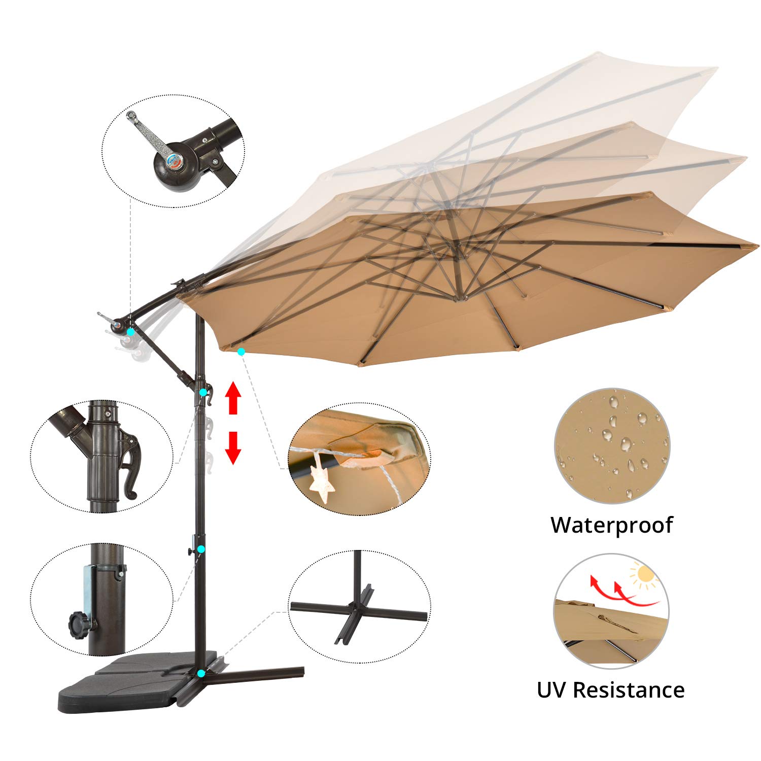 Sun-Ray 811044 10' Round Cantilever 8-Rib Offset Solar Lighted Outdoor Patio Umbrella, 40 LED Lights, Crank with Adjustable Tilt, Cross Base, Aluminum Frame, for Backyard, Deck, Pool, and Lawn, Taupe