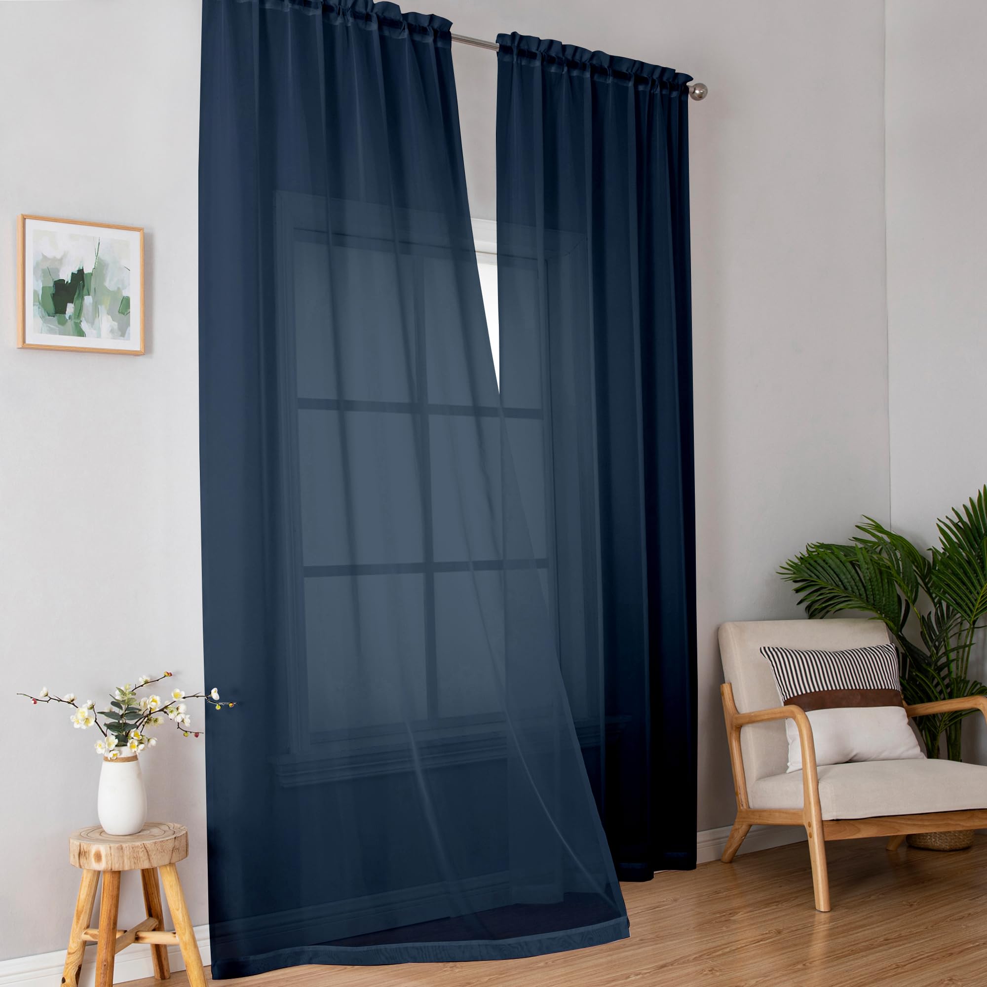 Simplebrand Blue Sheer Curtains 96 Inches Long, Light Filtering Rod Pocket Solid Color Window Sheer Curtain Panels, Elegant Curtains &amp; Drapes for Bedroom 2 Panels (Navy Blue, 42" W x 96" L)