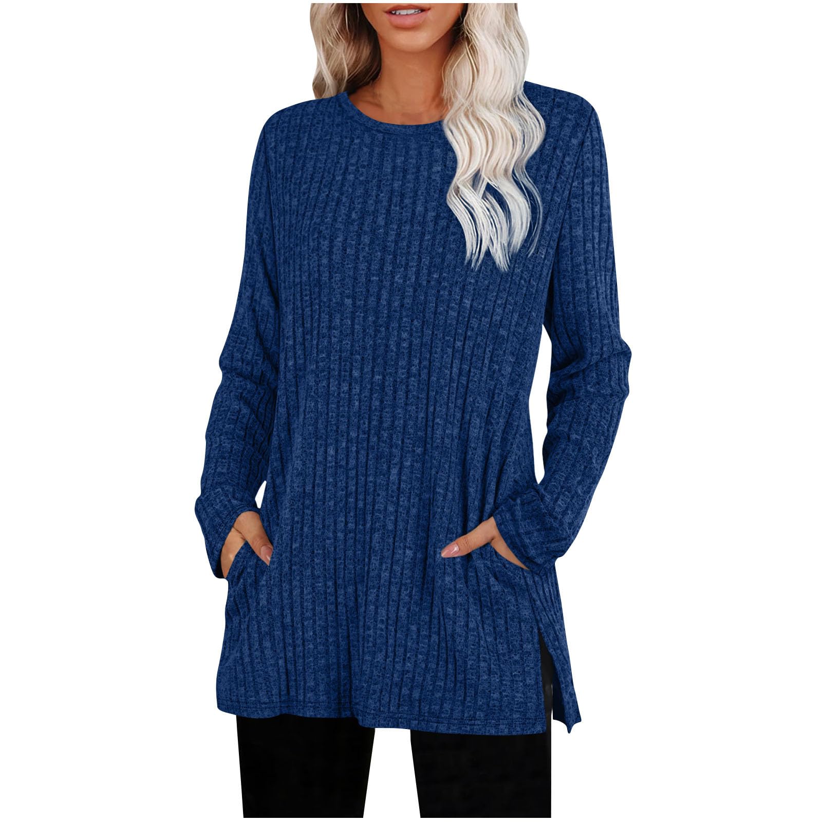 Women Oversized Sweater Lightweight Crewneck Long Sleeve Tunic Tops Fall Fashion Solid Sweatshirts with Pockets