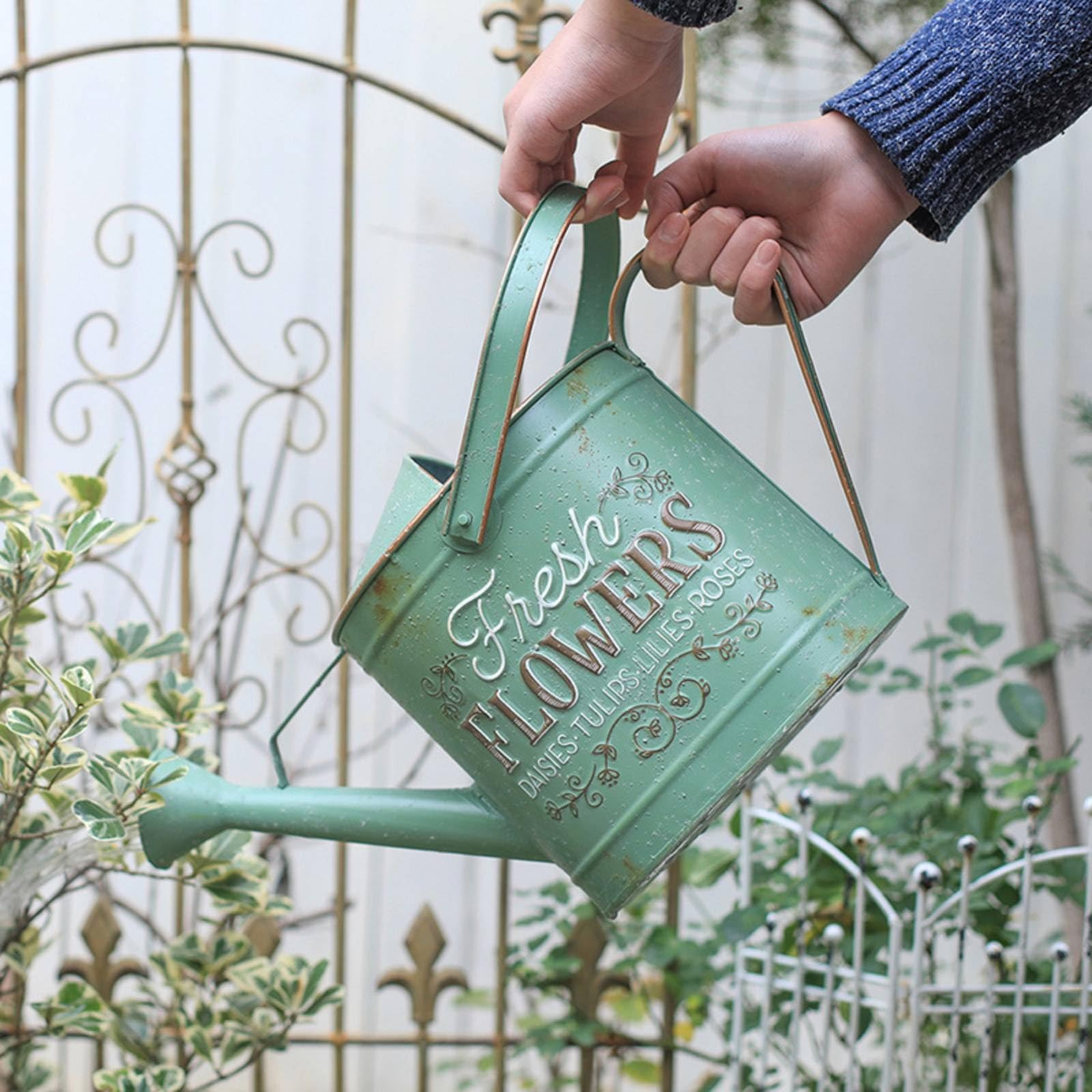 Innaffiatoio Metallico Vintage con Manico Superiore E Laterale per Piante da Interno Giardino Balcone Capacità 3 Litri