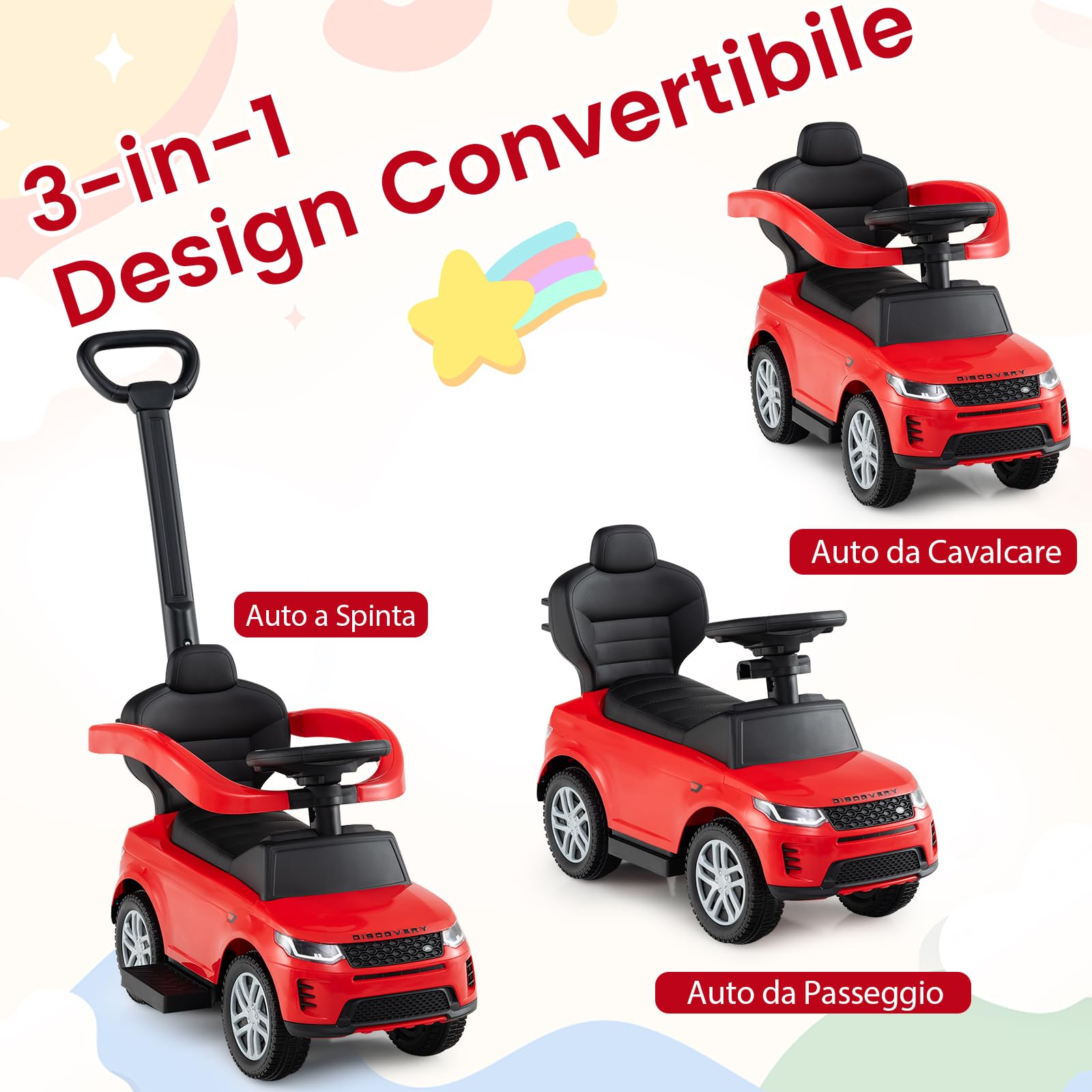 RELAX4LIFE 3-in-1 Auto a Spinta/Passeggino per Bambini/Carrozzina Scorrevole con Maniglione Rimovibile e Pedana Retrattile, Barra di Scorrimento e Portaoggetti Nascosto, 1-3 Anni (ROSSO)
