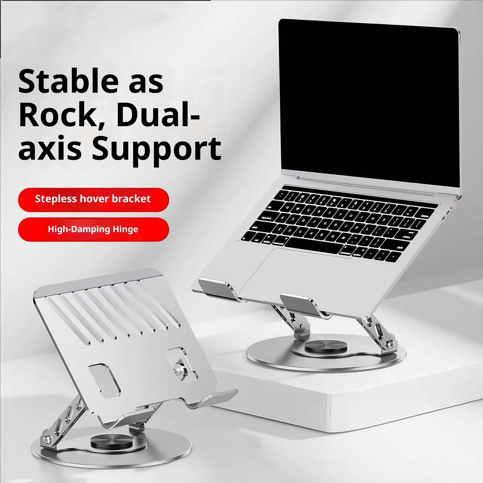 Supporto per laptop salvaspazio con rotazione a 360° Struttura pieghevole in acciaio carbonio Piattaforma raffreddamento desktop regolabile a due assi Supporto per laptop desktop portatile