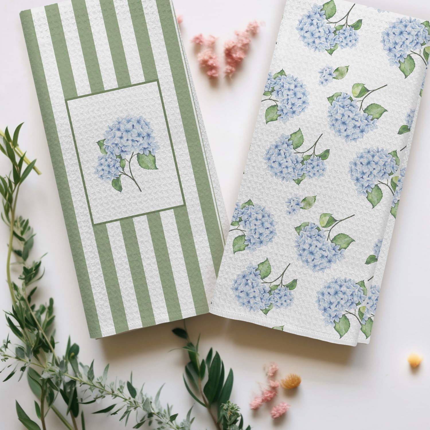 Hydrangea Floral Kitchen Dish Towels, Blue Hydrangea Flower Sage Green Striped Decorative Hand Towels for Bathroom Kitchen, Floral Bathroom Decor, 16x24 Inch Set of 2
