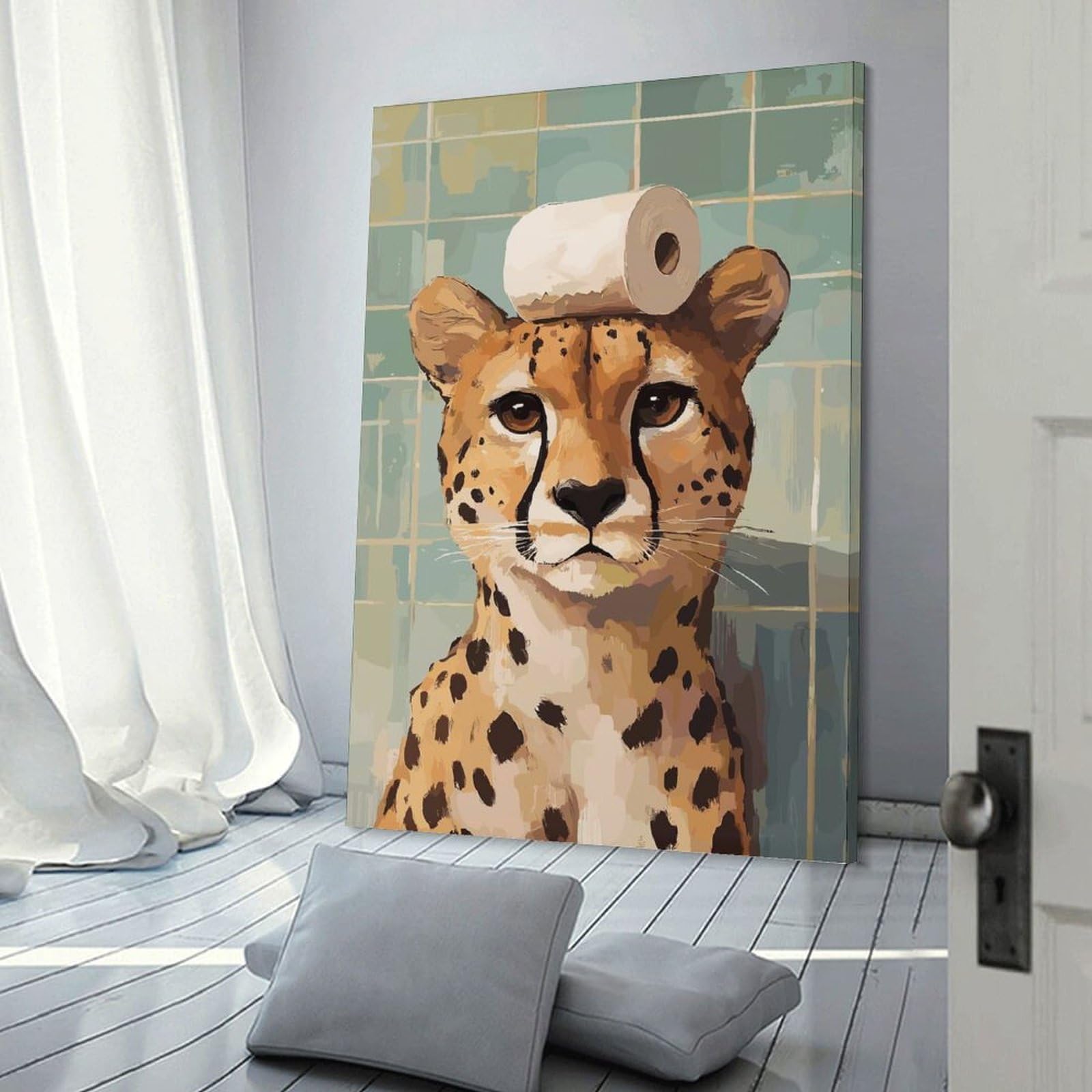 Junmoney Frame-Style-4-1 Home Decor Wall Art Cheetah With Toilet Paper On Head, 20X30inch(50X75cm), For New Homes, Bedrooms Or Workspaces, Home Decor Gift With Stylish Appeal