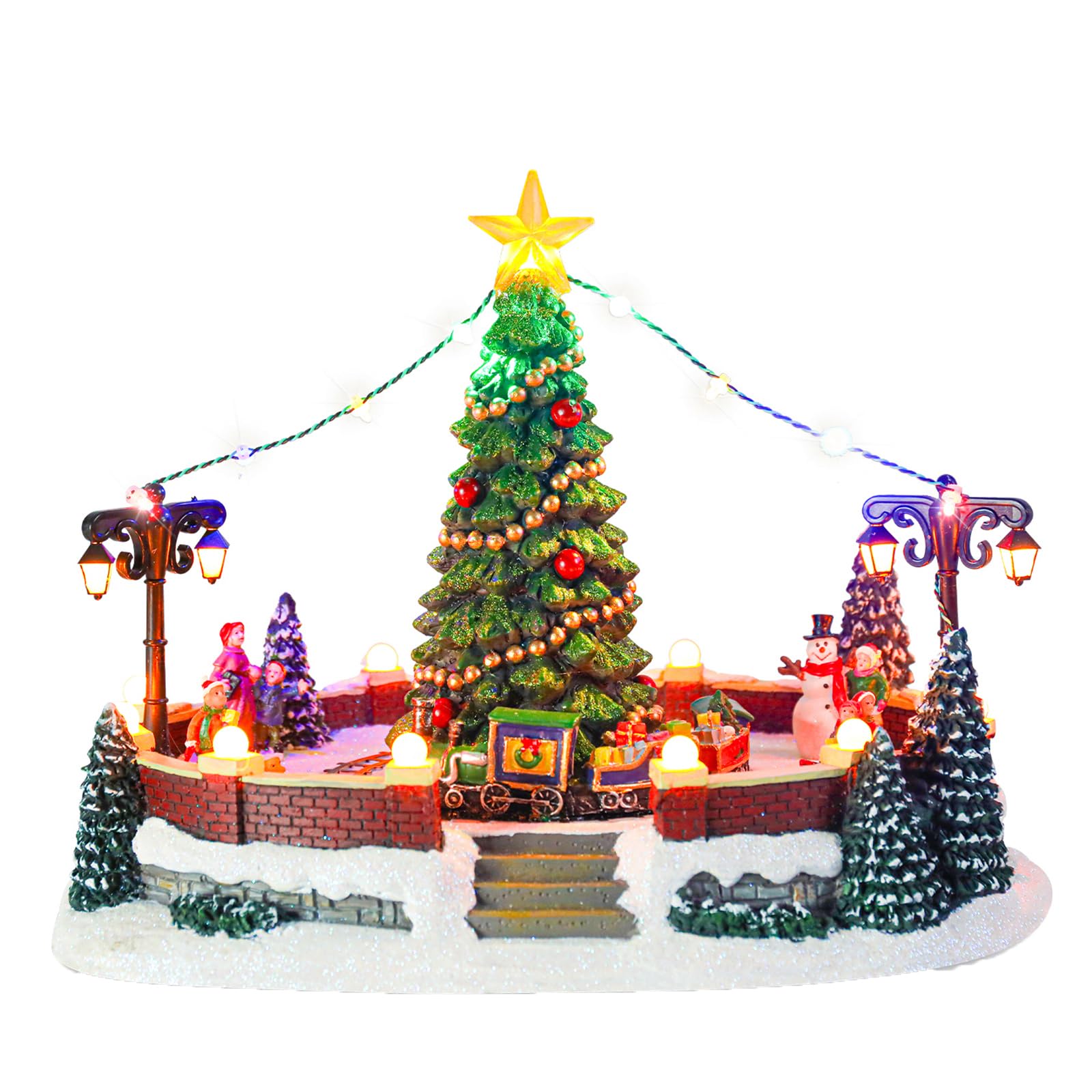 MUMTOP Village de Noël carré avec train mobile, train rotatif lumineux avec musique pour décoration de table de Noël en intérieur