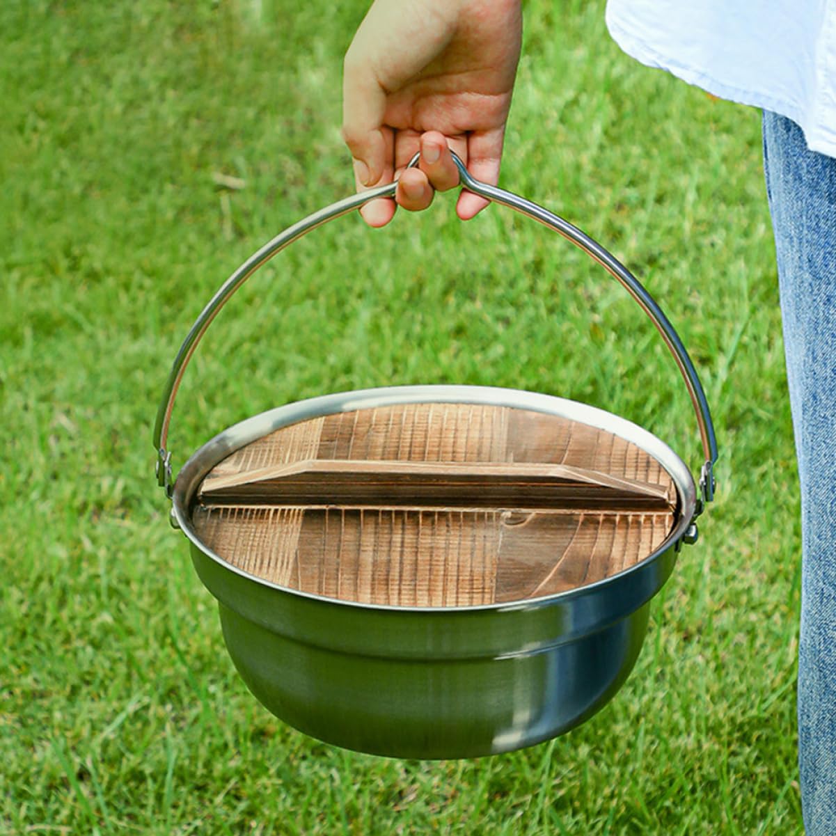 1set Stainless Steel Camping Soup Pot Multi-use Cooking Boiler Hanging Handle for Outdoor Activities Heat Resistant Easy to Clean for Picnics and Hiking