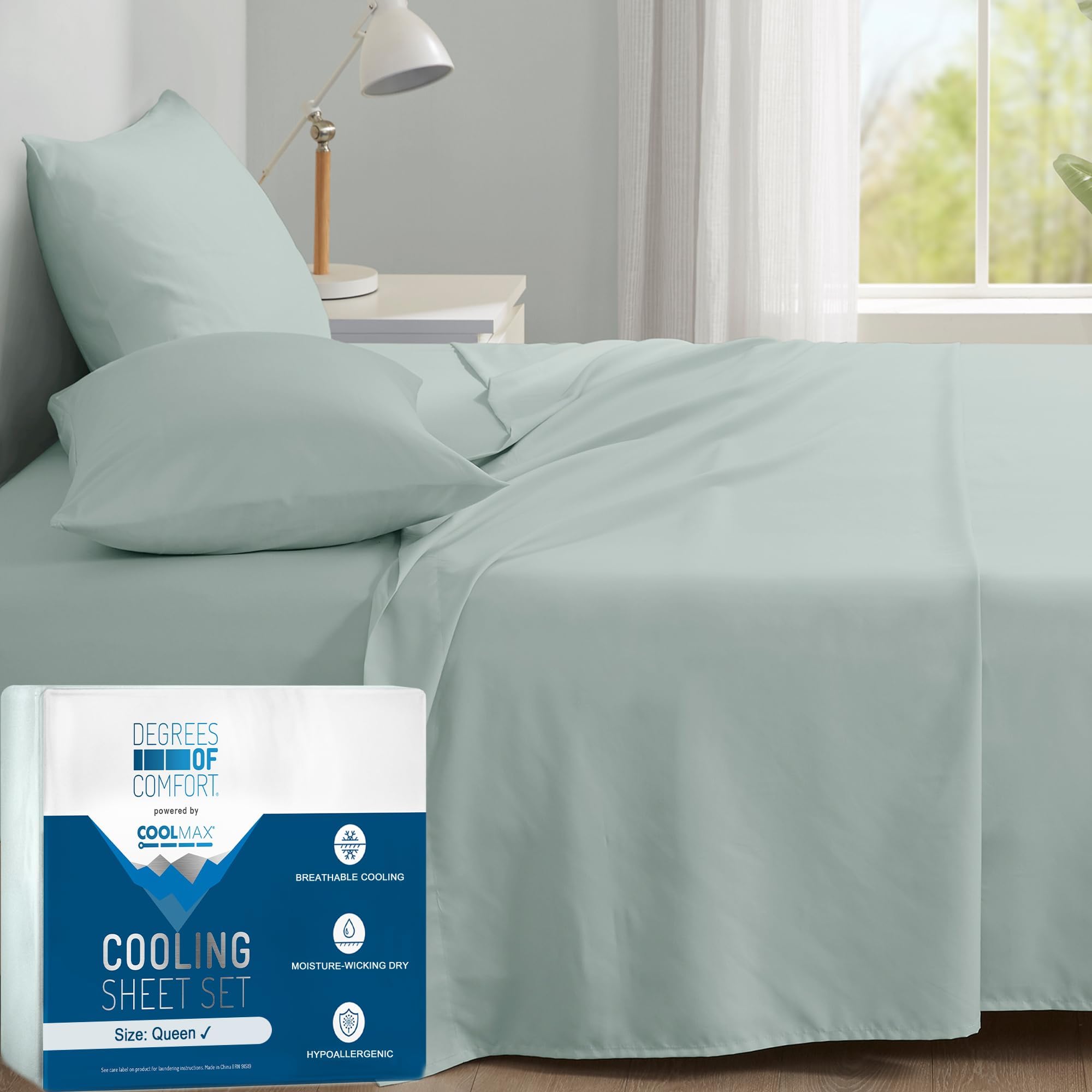 Degrees of Comfort Coolmax® Cooling Bed Sheets Queen Size for Hot Sleepers, Moisture Wicking Sheet Set for Night Sweats, Deep Pocket, Ultra Soft, Cozy for All Seasons, Aqua 4 Pieces