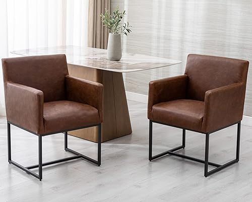 HNY Juego de 2 sillas de comedor tapizadas modernas de mediados de siglo con brazos, sillas decorativas de piel sintética con marco de metal acabado disponible en Yaxa Peru