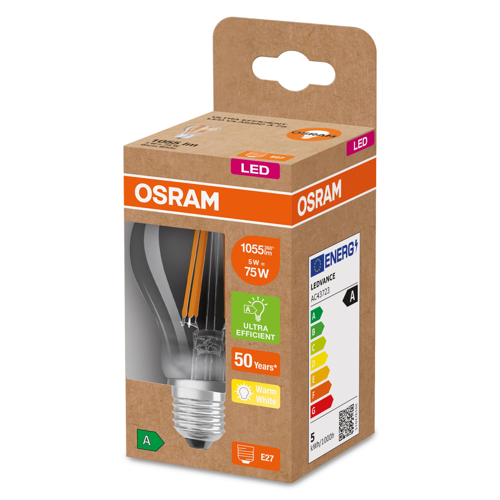 OSRAM Led a Risparmio Energetico, Lampadina a Filamento, E27, Bianco Caldo, 3000K, 5 Watt, Sostituisce La Lampadina da 75W, Efficiente E a Risparmio Energetico, Confezione da 6