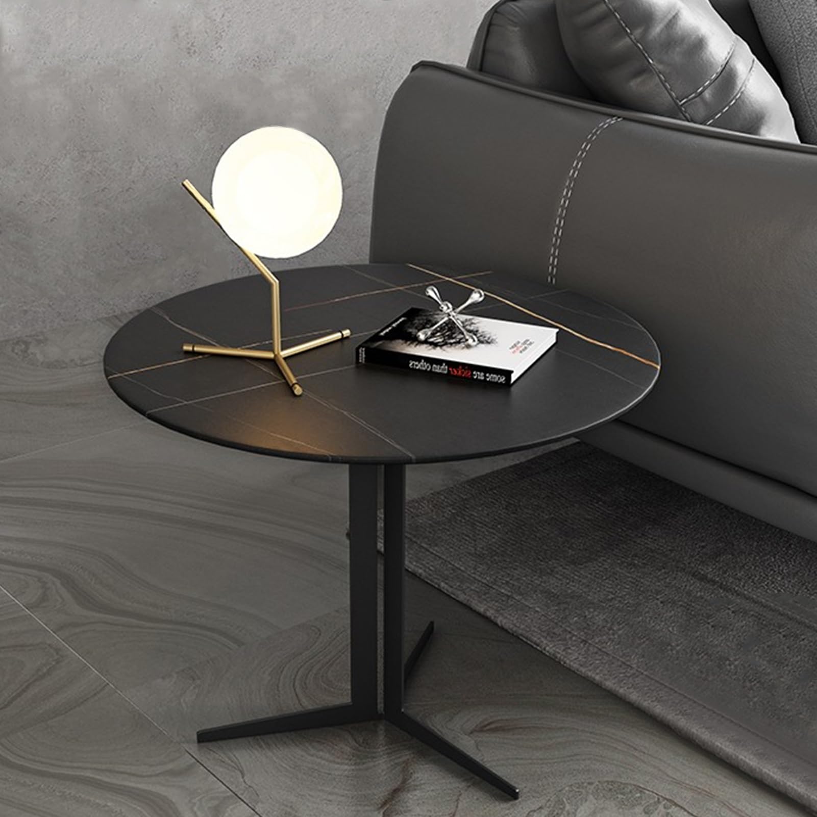 Table d'appoint ronde en marbre noir et métal 50x50cm