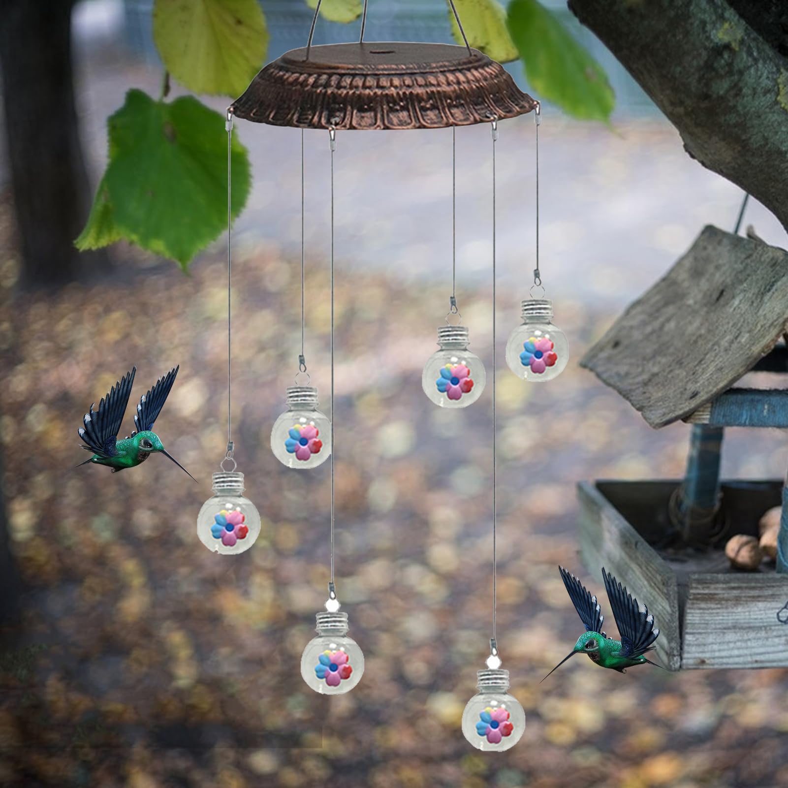 Solar Windspiel Mit Kolibri-Futterstation - Bunt, Für Draußen, Zum Aufhängen, Lockt Kolibris An