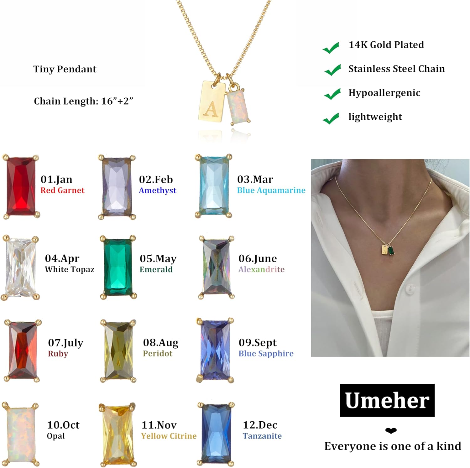 Initial Birthstone Necklace for Women 14K Gold Plated Dainty Tag Cubic Zirconia Birthstone Pendant Necklace,Letter A-Z,January-December,Birthday Christmas Jewelry Gift - Image 3