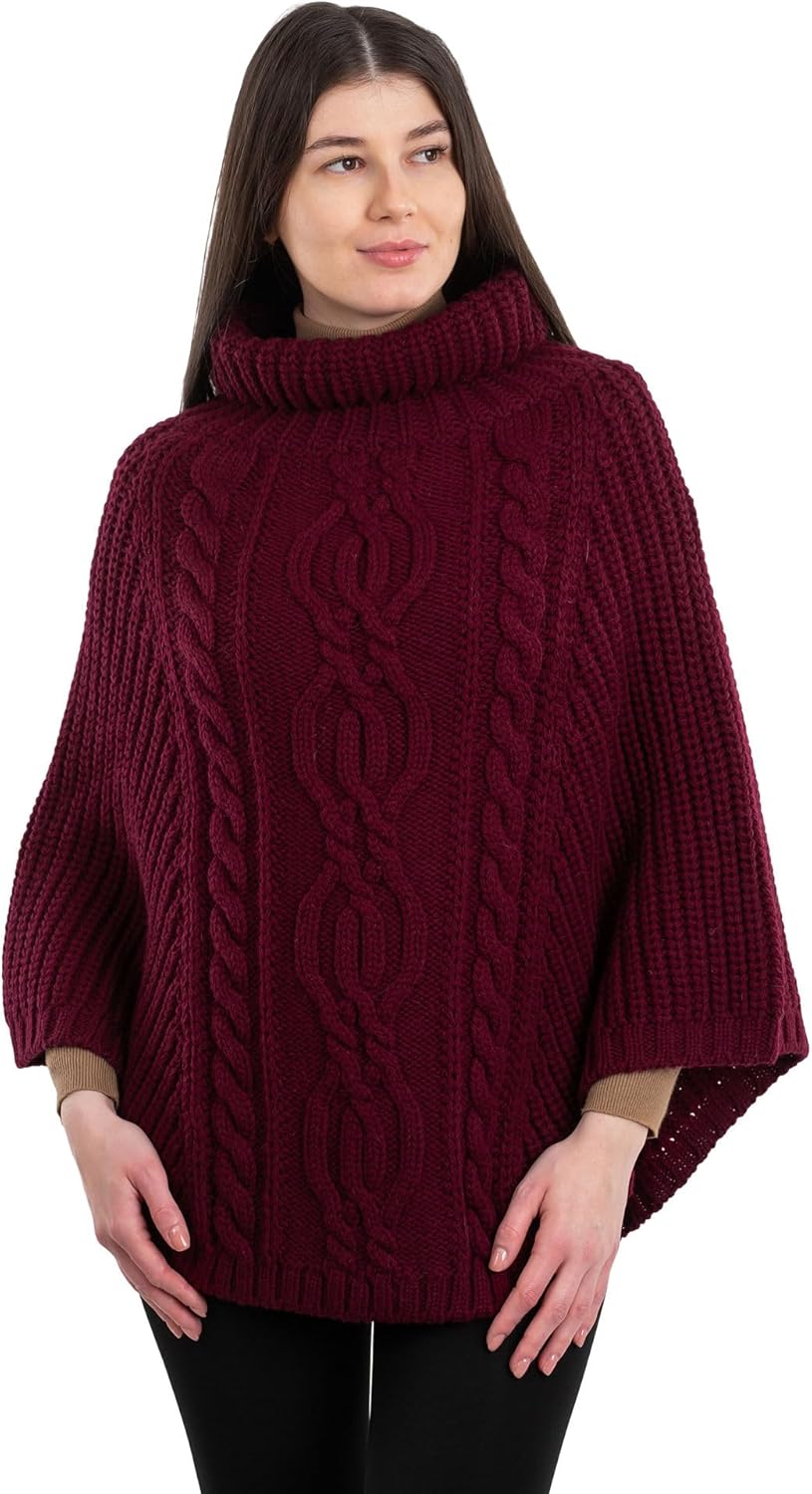 SAOL 100% Merino Wool Cable Knit Ladies Irish Aran Poncho Cardigan - Image 3