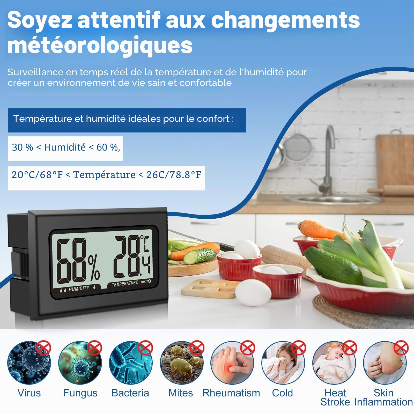 8PCS Pixelure Thermomètre Hygromètre Mini Numérique Thermomètre Intérieur Thermometre Frigo Digital, D'ambiance Moniteur de Température et Humidimètre à Haute Précision Capteur Humidité Température