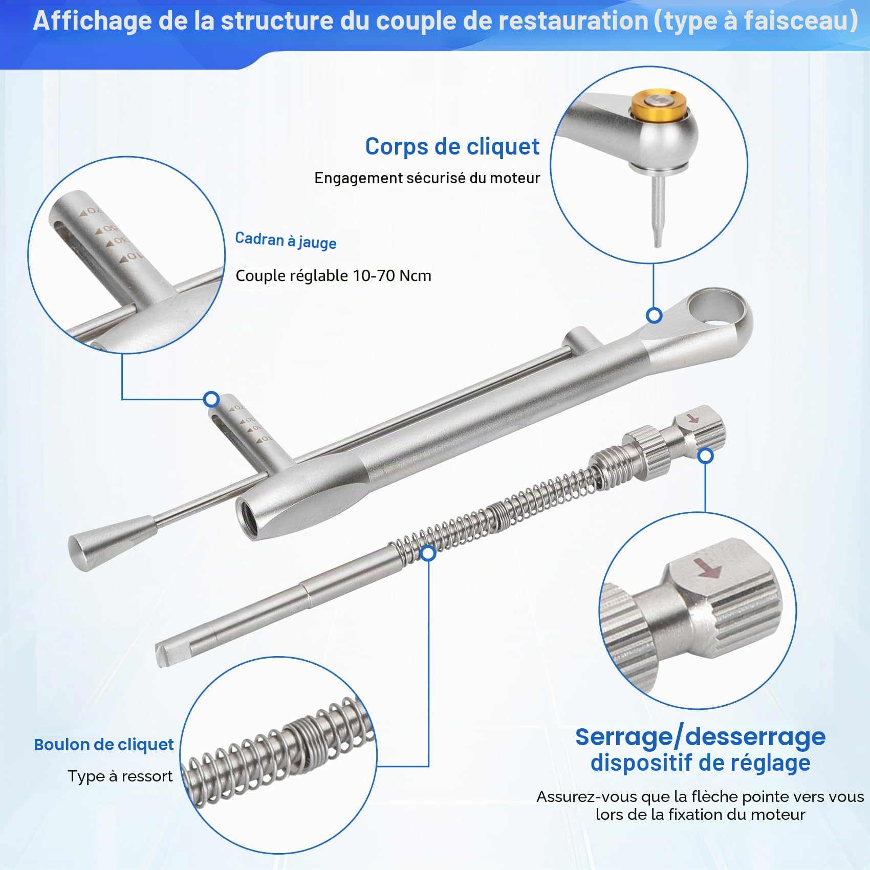 Kit universel de clés dynamométriques pour implant dentaire avec tournevis à cliquet réglable à couple réglable, 16 pièces, entièrement autoclavable, 10-70 Ncm, sécuriser/démonter les restaurations