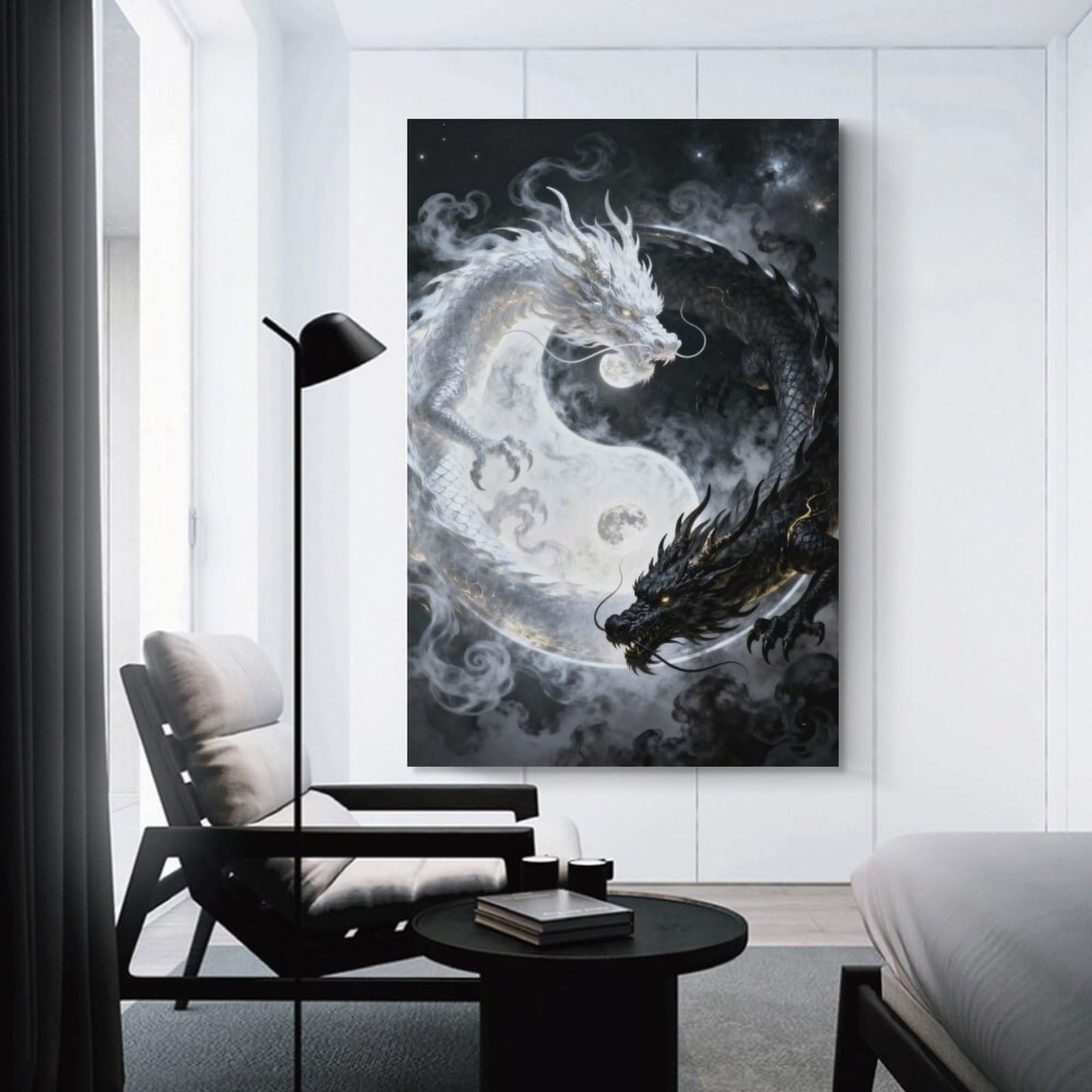 Junmoney Hanging Wall Art Yin Yang Dragons, 24x36inch(60x90cm), for Small Homes, Bedrooms Or Open Spaces, Wall Decor with Flexible Room Appeal