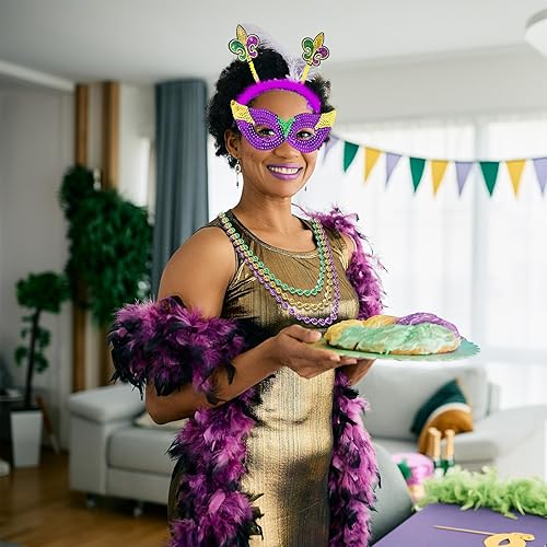 Miniatura 6 de Whaline Juego de accesorios de Mardi Gras de 15 piezas con diadema de plumas de lentejuelas, máscaras moradas, verdes y doradas, collares de cuentas