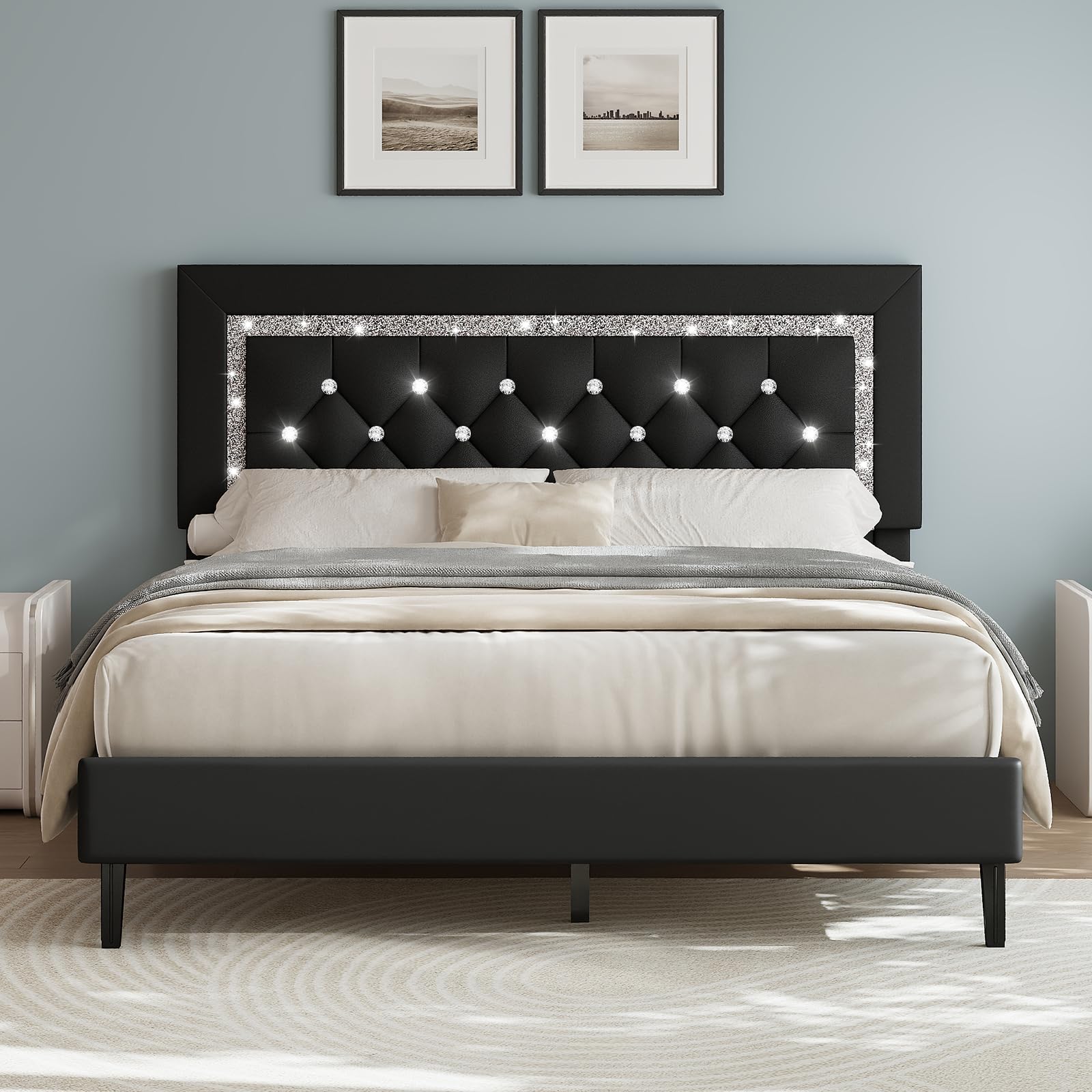 HOMBCK Double Bed Frame, Upholstered Platform Bed with Diamond Tufted Headboard, Wood Slat Support, No Box Spring Needed, Black, 135x 190