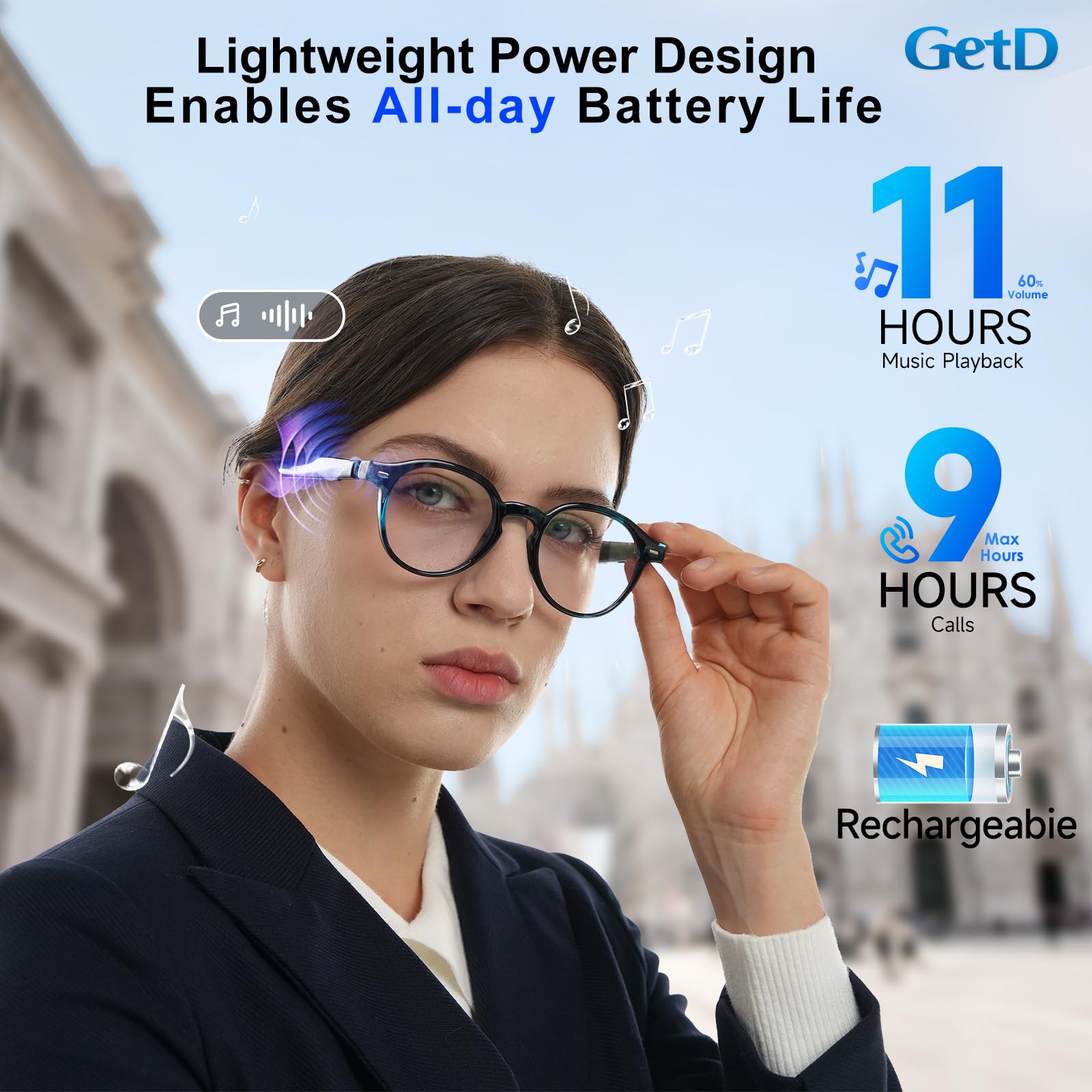 GetD Lunettes intelligentes, lunettes de soleil polarisées, lunettes de musique Bluetooth, batterie 11H pour homme/femme, écouteurs et lunettes 2 en 1 (GG24lite-C3)