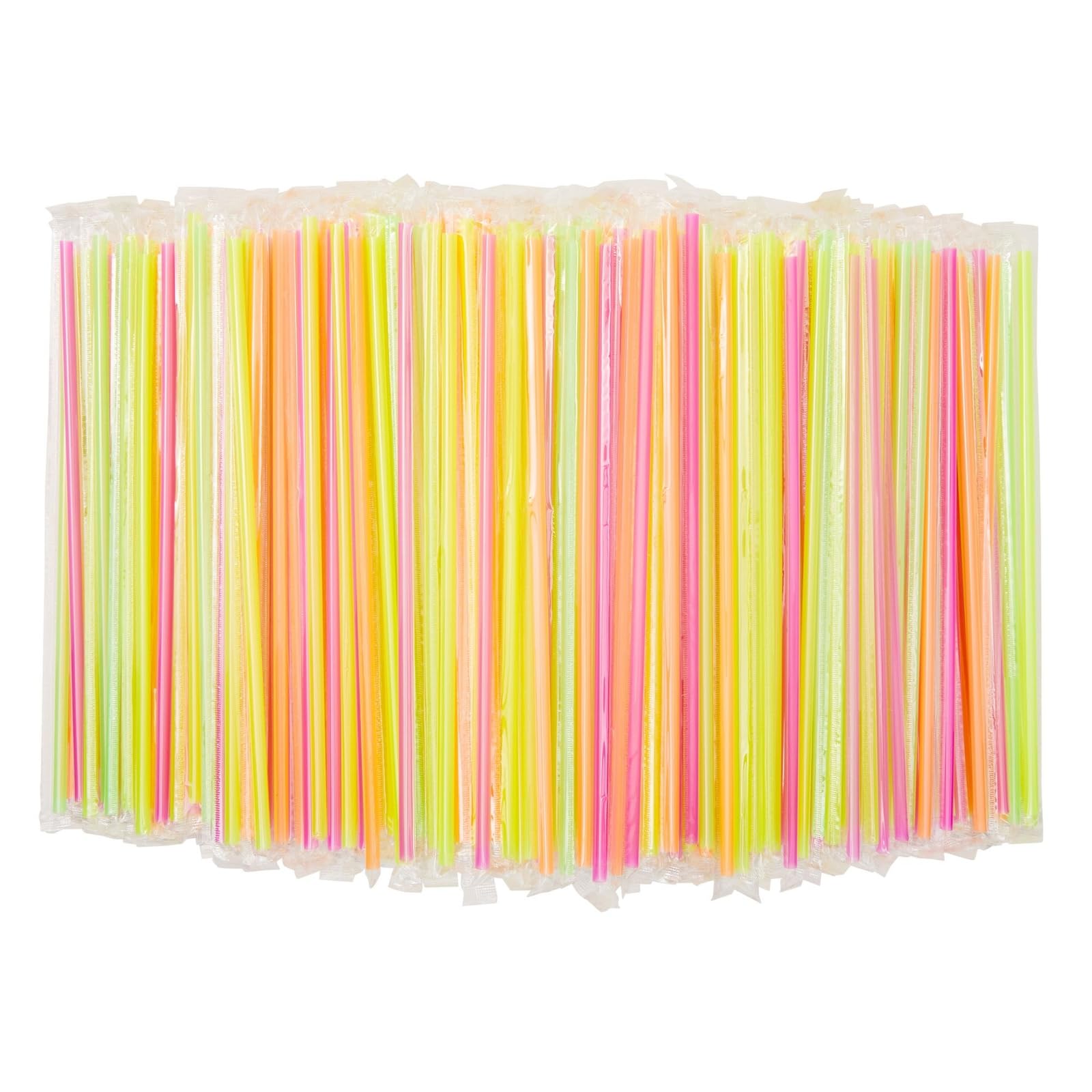 Stockroom Plus Disposable Plastic Drinking Straws - 600 Count, Extra Long 10.25-Inch, Neon Colors, Bendable - Individually Wrapped Neon Smoothie &