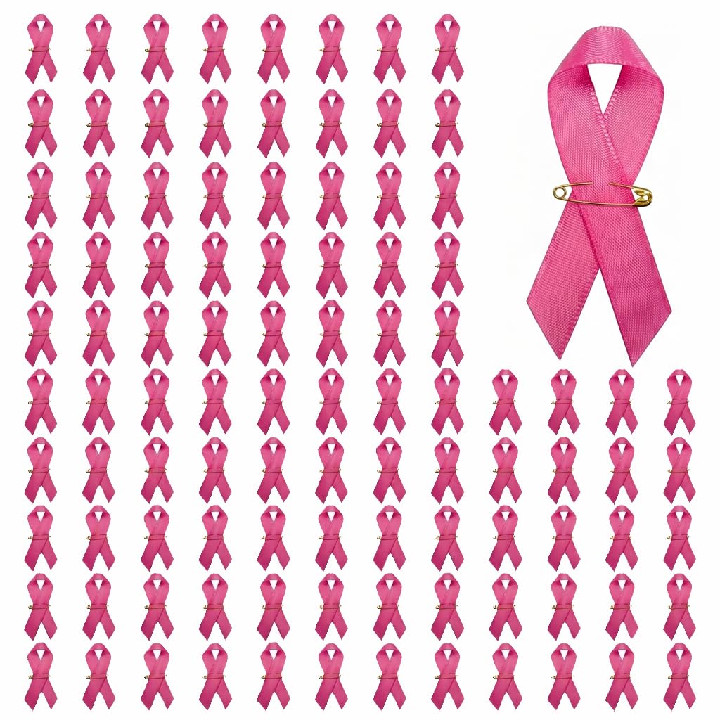100Pcs Pink Ribbon and Breast Cancer Pin Badge with Ribbon Pins for Event