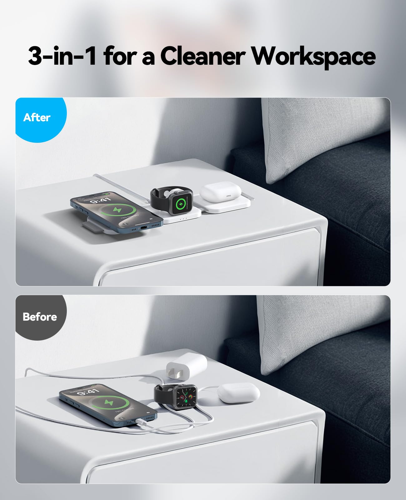 Stazione di ricarica 3 in 1 per Apple più dispositivi, base magnetica pieghevole e wireless, pad di ricarica da viaggio per iPhone 16, 15, 14, 13, 12 Pro Max Plus, Apple Watch Series e