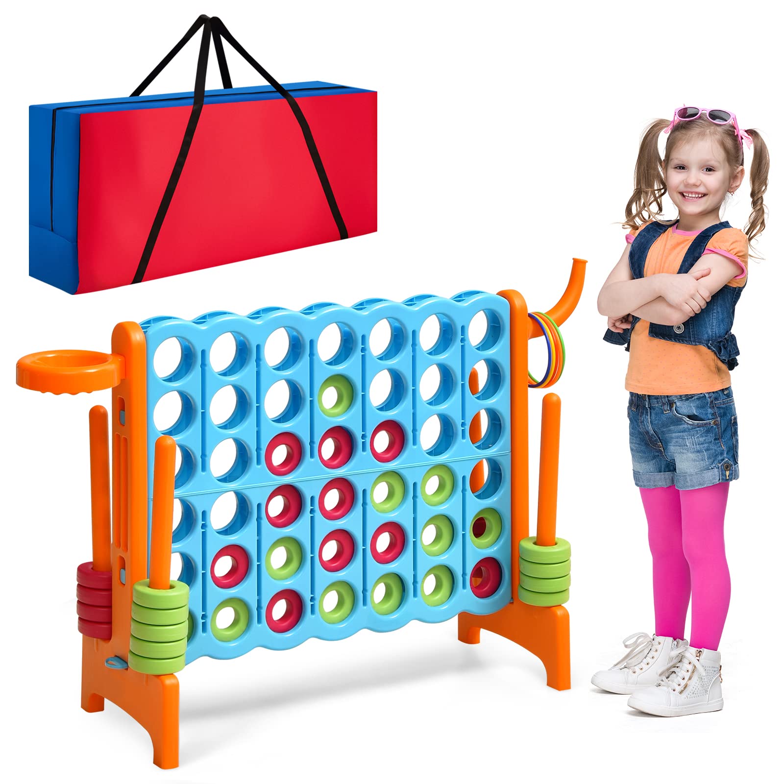 Costzon Giant 4-in-A-Row, Jumbo 4-to-Score Giant Game w/Carrying Bag, Basketball Hoop, 42 Jumbo Rings, Quick-Release Slider, Indoor Outdoor Family