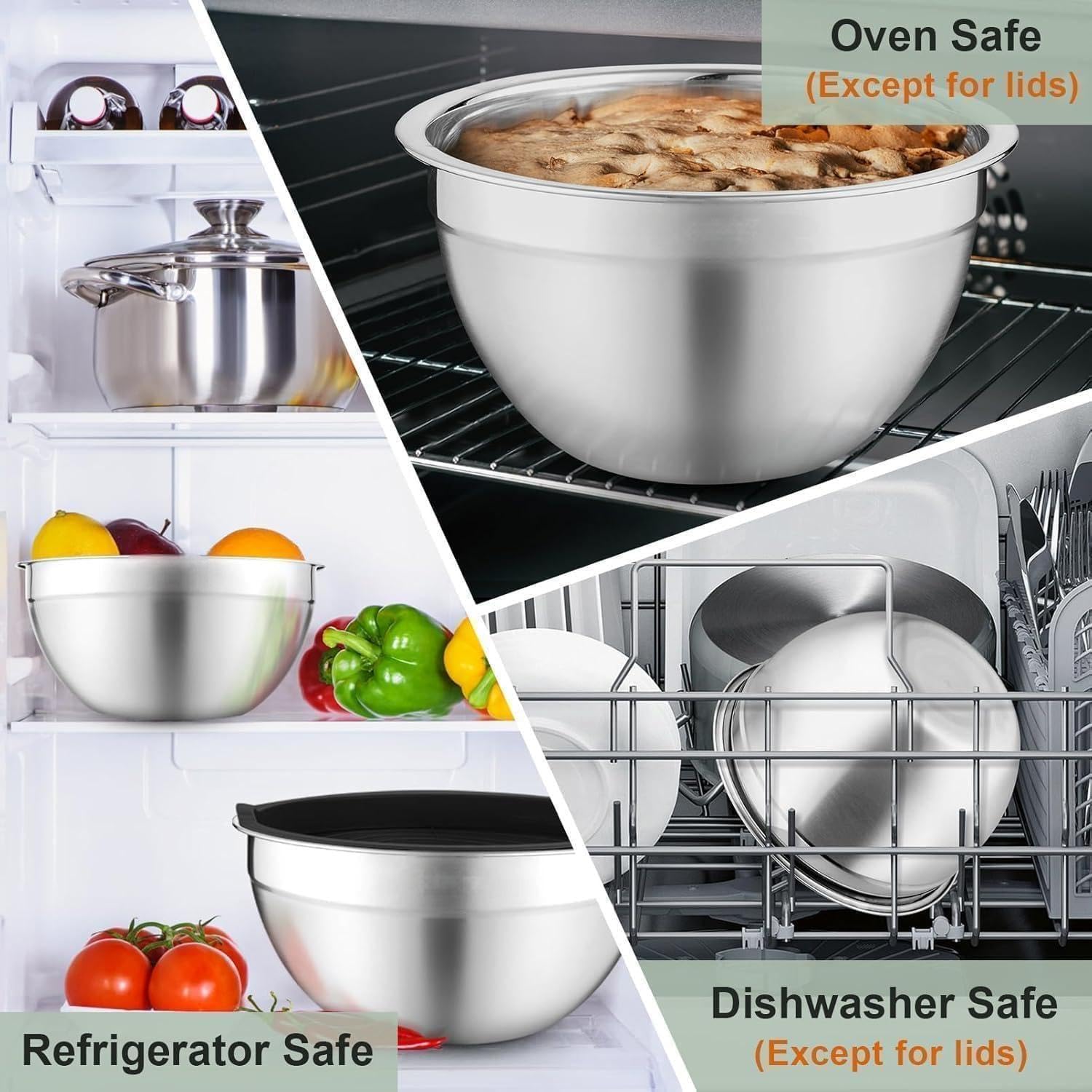 Beler Lot de 6 bols en acier inoxydable avec couvercle et râpe, pour la cuisine, avec fond en silicone, 6 accessoires de broyage