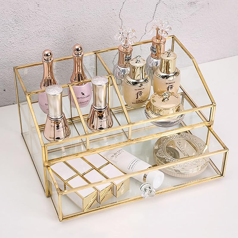 Organizador de maquiagem em vidro com 5 compartimentos bofeiull, acabamento dourado
