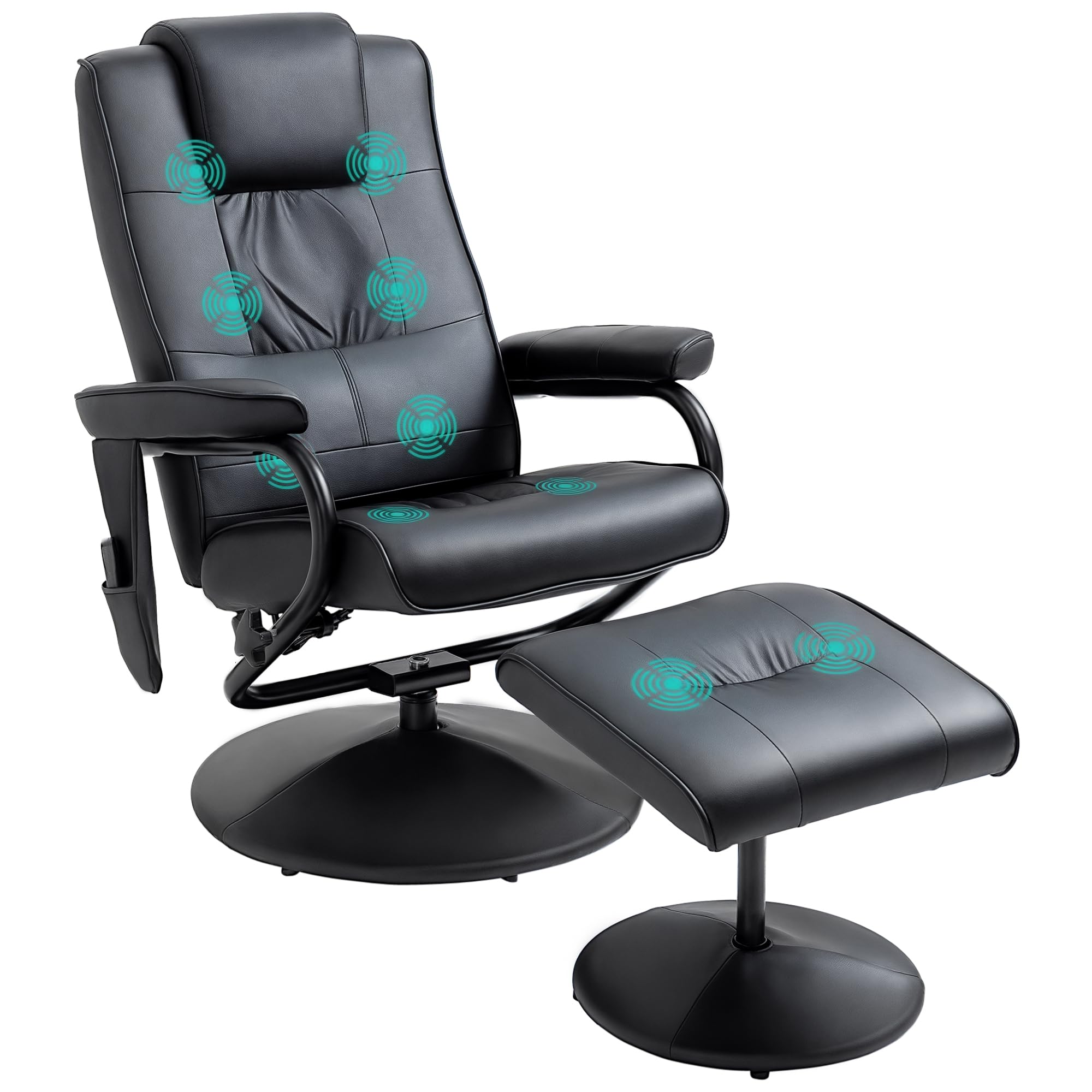 HOMCOM Relaxsessel mit Hocker, 360°drehbarer Fernsehsessel mit Massage, Liegefunktion, Massagesessel mit Seitentasche, TV-Sessel aus Kunstleder für Wohnzimmer Schwarz