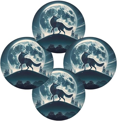 Miniatura 2 de Manteles individuales redondos Wolf Dancing Under The Moon, resistentes al calor, manteles individuales lavables para invierno, manteles
