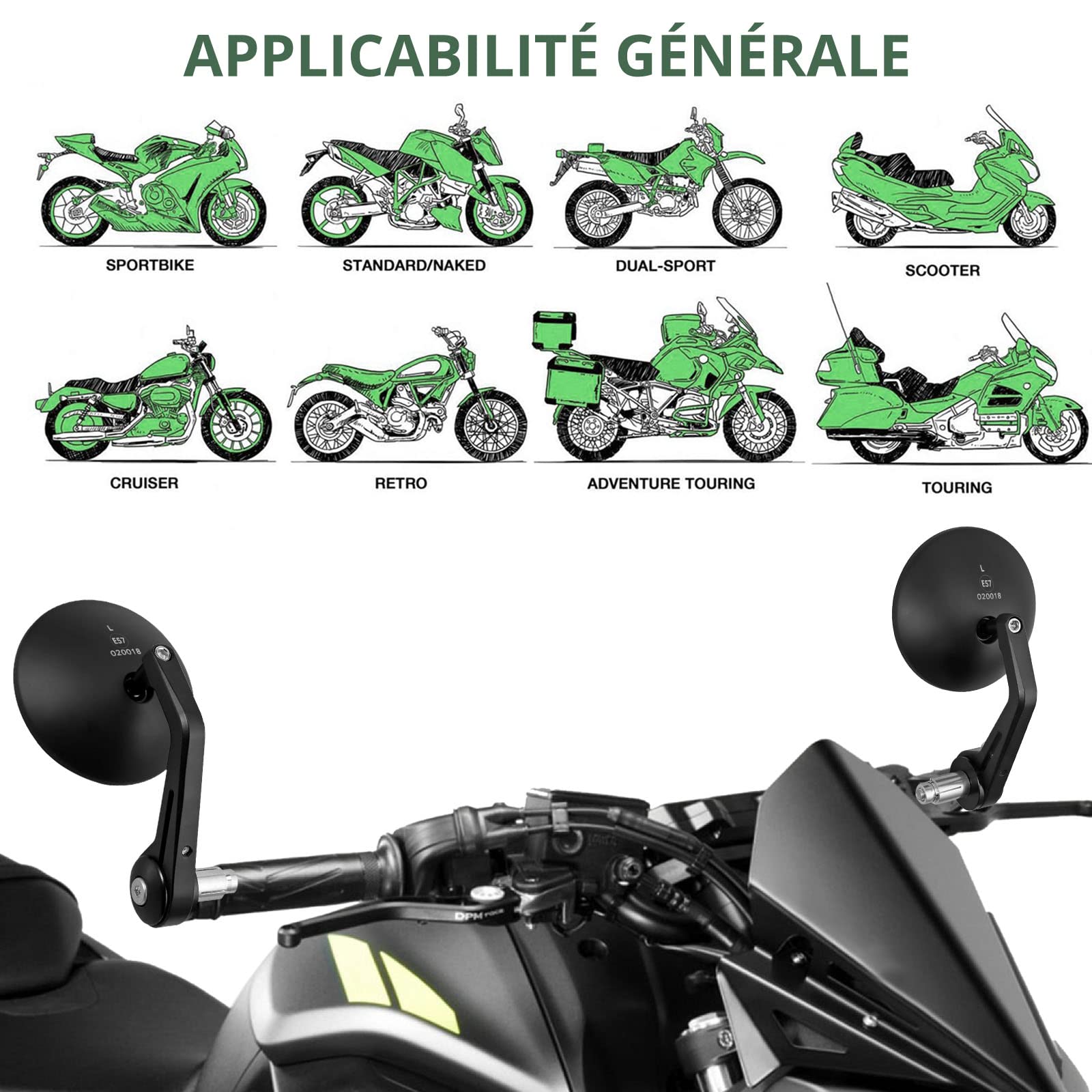 EYPINS Rétroviseurs Moto Universels de 22 mm Ronds en Alliage d'Aluminium Rotation à 360 Degrés pour Guidon Poignée de Moto Vélo Trotinette Scooter Haute Définition (1 Paire)