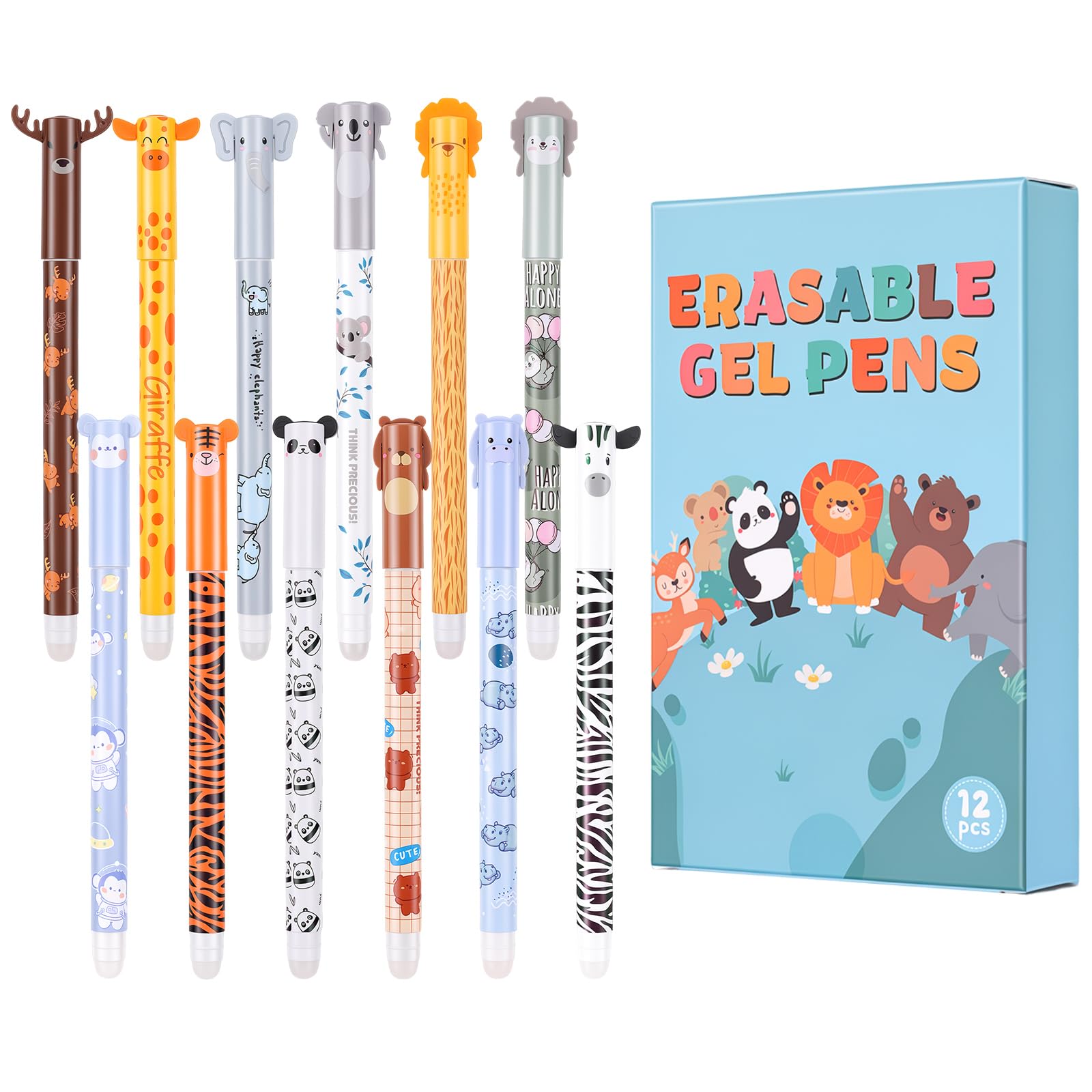 Thboxes 12 Stück Radierbarer Kugelschreiber, 0,7mm, Gelstifte mit Tiermotiven, Tintenroller,Geeignet zum Schreiben, Zeichnen und Notizenmachen in Schule und Büro(Tierthemen)