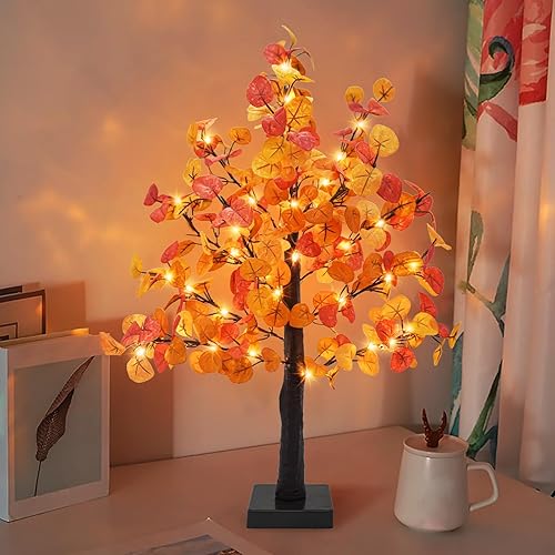 Agusbagli Árbol de eucalipto artificial de 24 pulgadas, 55 luces LED, funciona con pilas, árbol de mesa con temporizador para interiores, hogar,