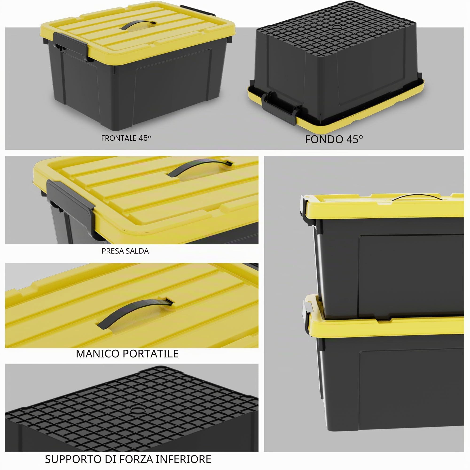 Cetomo 6 scatole portaoggetti in plastica da 35 l con coperchi, maniglia e fibbie a scatto, per attrezzi all'aperto, giardino, garage, casa, durevole, resistente, impilabile, impilabile, nero e