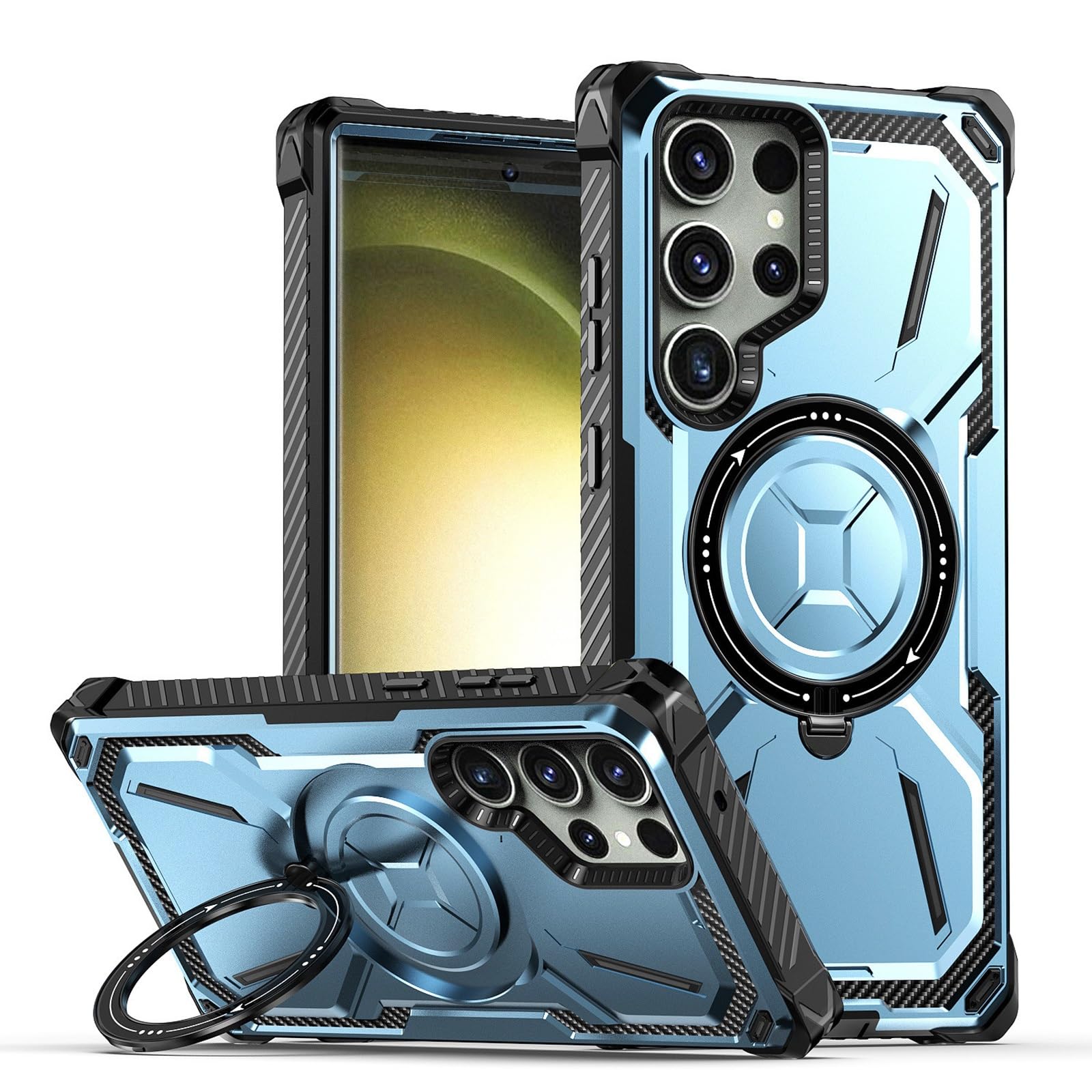 Generisch Etui do Samsung Galaxy S25 Ultra/S25 Plus/S25, metalowe etui ochronne z folią ochronną na wyświetlacz i podstawką (niebieskie, S25)