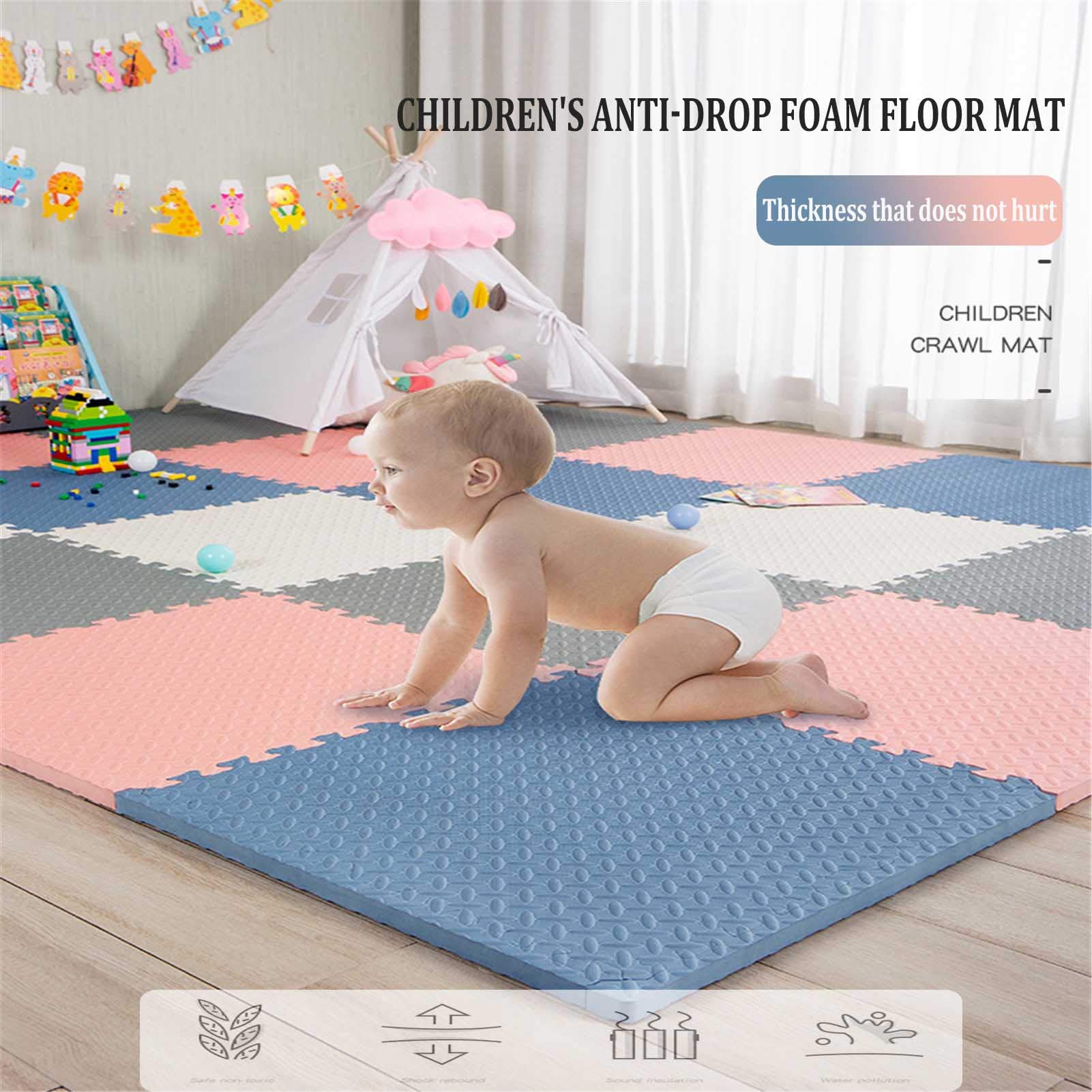 Tapis De Jeu en Mousse pour Enfants, Carreaux De Tapis De Jeu en Mousse pour Enfants avec Bords - Parfaits pour La Protection du Sol, Garage, l'exercice, Yoga, Salle Jeux,Blue+Pink,4