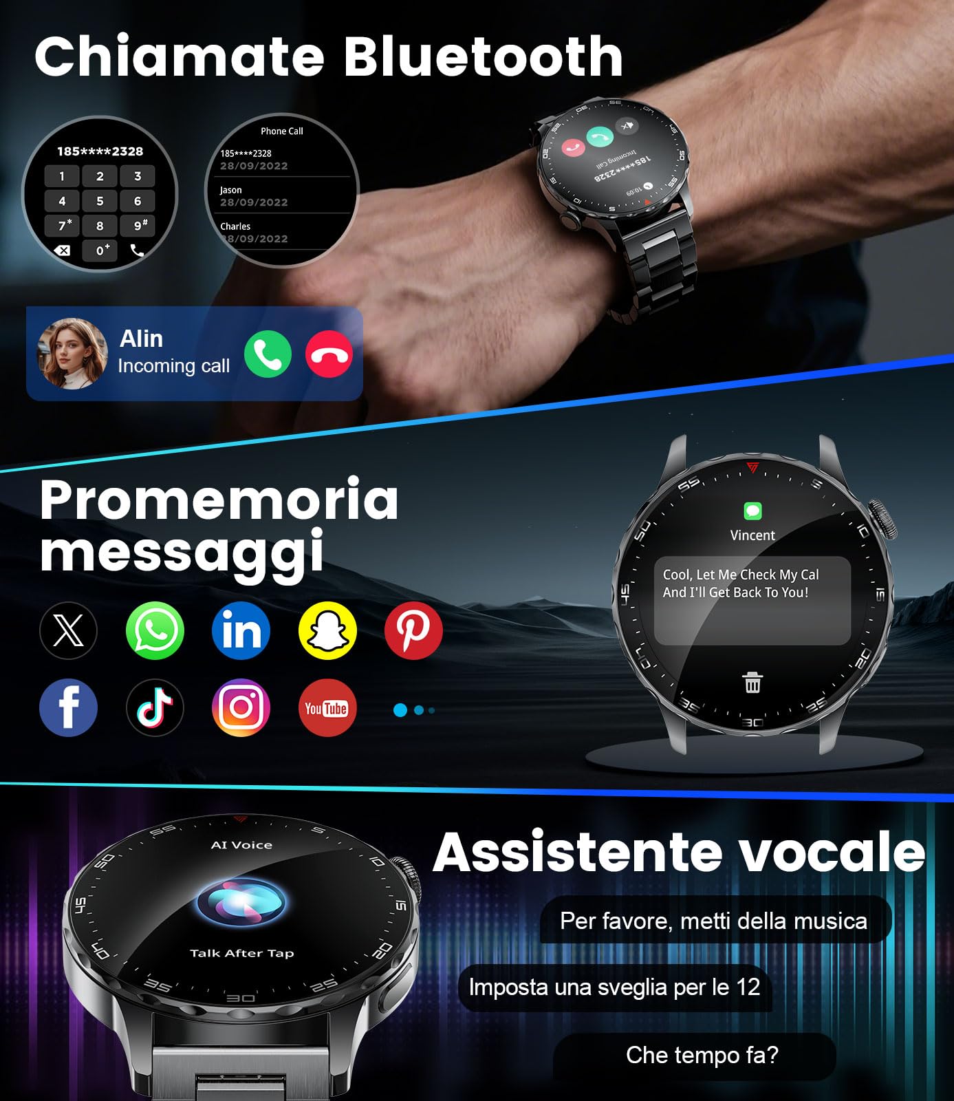 BENYAR SMART Smartwatch Uomo con Chiamata e Risposta, 1.43'' HD AMOLED Orologio Smartwatch Uomo, 750mAh Batteria, 100+ Modalità Sportive, Sonno Cardiofrequenzimetro Contapassi per Android iOS