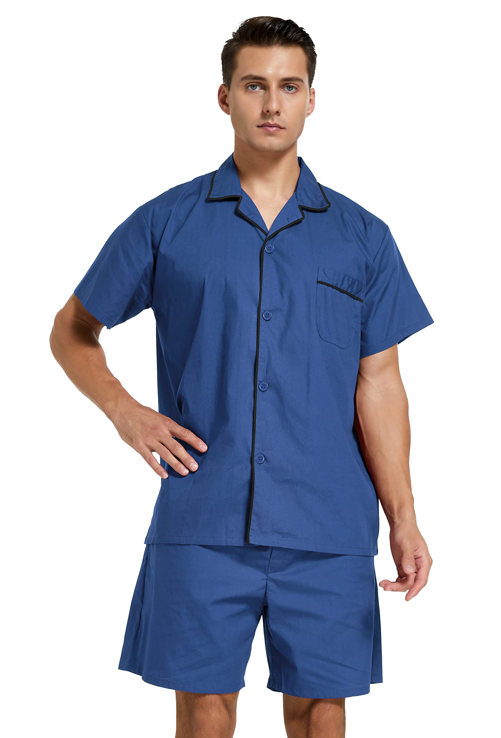 Mens Cotton Pajamas Short Sleeve Pajama Set Woven Sleepwear Loungewear