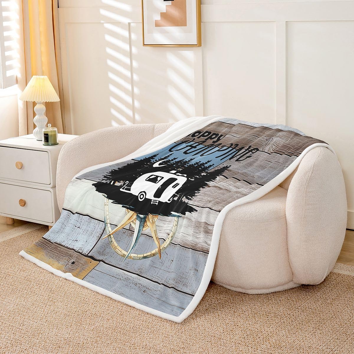 Camper Fleece Blanket Twin 60"X80" Happy Camping Throw Blanket Retro Rustic Farmhouse Sherpa Blanket Summer Camp Car Plush Bed Blanket Hawaii Holiday Palm Tree Soft Warm Flannel Blanket for Bed Couch