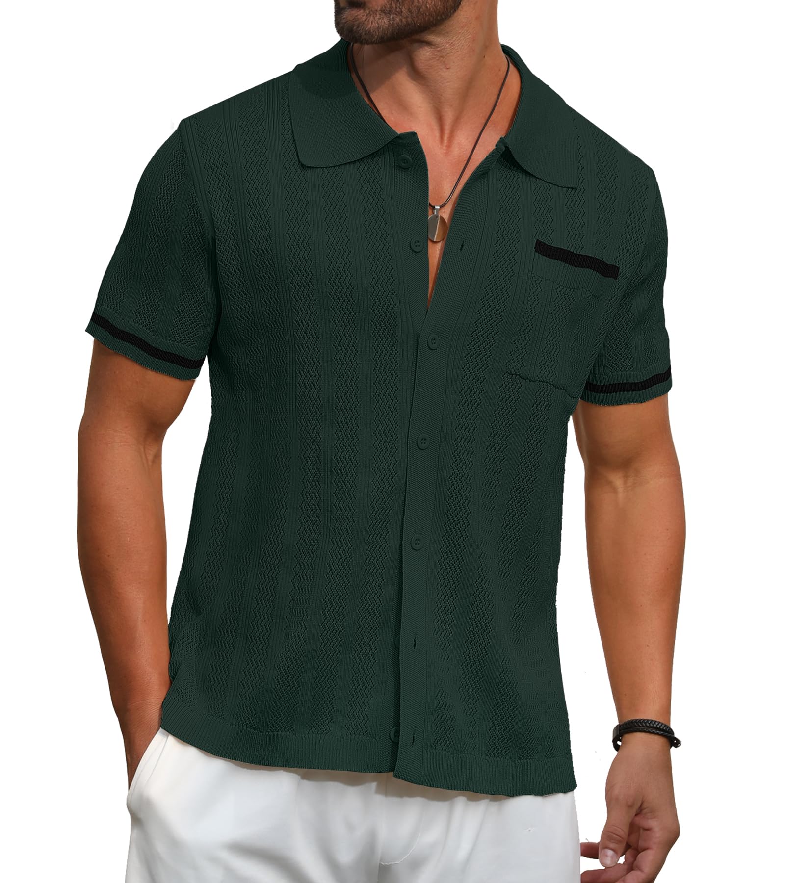 PEGENOMen's Short Sleeve Knit Shirts Button Down Shirt Vintage Casual Polo Shirt Tops
