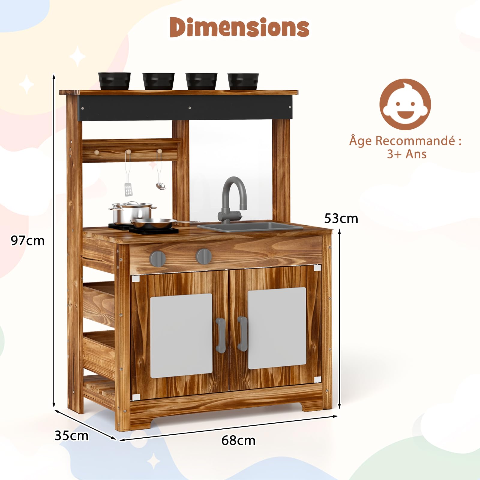 DREAMADE Cuisine de Boue, Jouet de Cuisine pour Enfants avec Évier Amovible, Robinet, Double Réchaud, 4 Pots de Plantation et Tableau Acrylique, Cuisine d’Extérieur en Bois pour Enfants de 3+ Ans