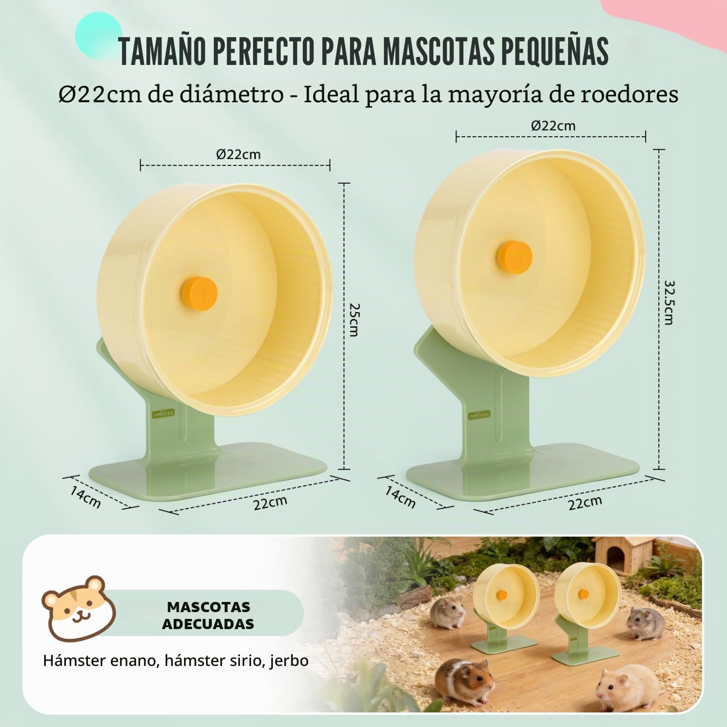 Nobleza Rueda Hamster Silenciosa 22CM, Rueda de Ejercicio de Altura Ajustable con Base Antivuelco y Pista sin Costuras, Accesorios para Jaula de Hámster Sirio, Gerbos y Erizos |
