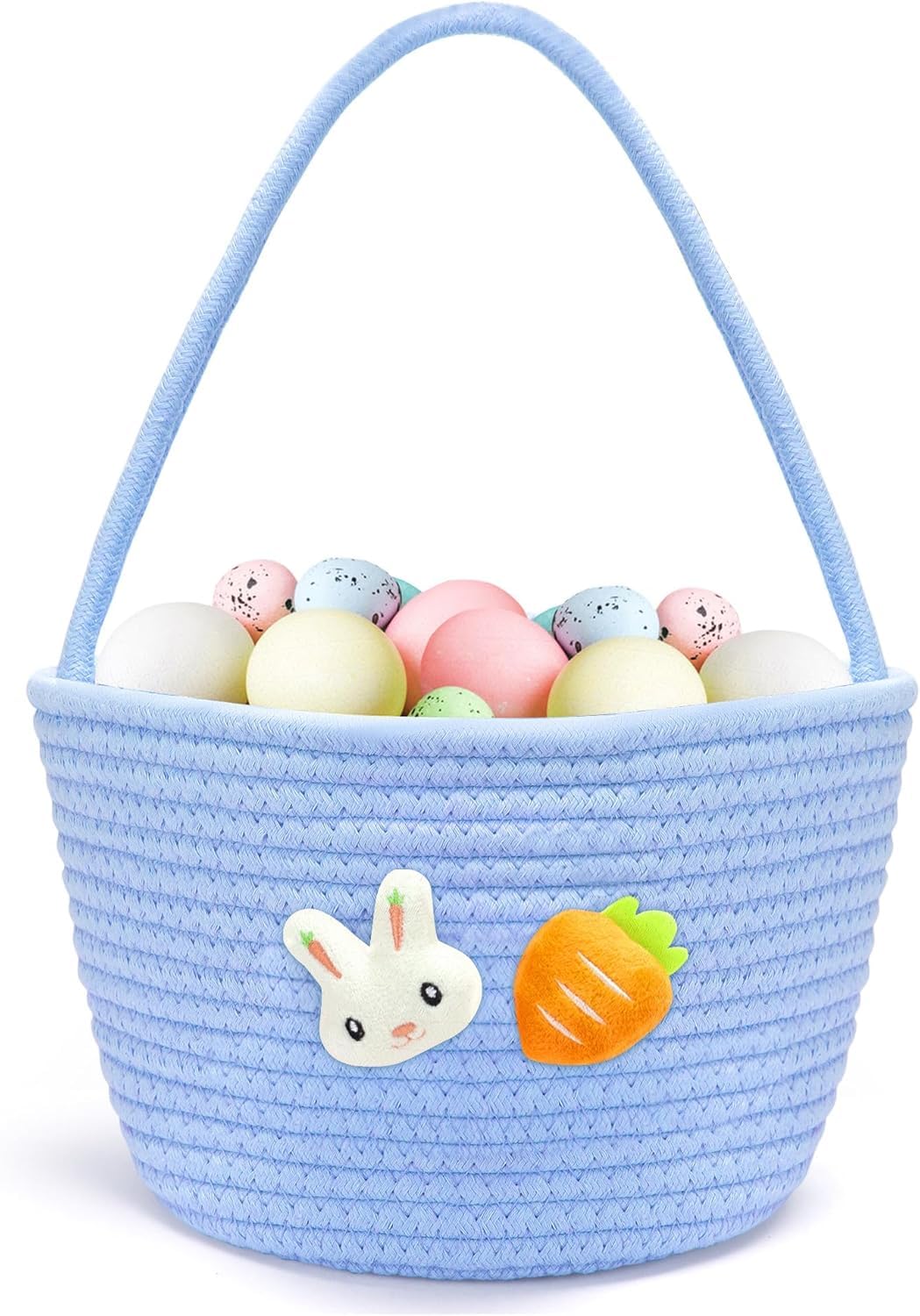 Bigepige Osterkörbchen mit Plüschhase und Karotte, Osterkorb zum Befüllen für Kinder, aus Baumwollseil mit Henkel, Ostergeschenk für Babys, Kleinkinder, Jungen und Mädchen Blau