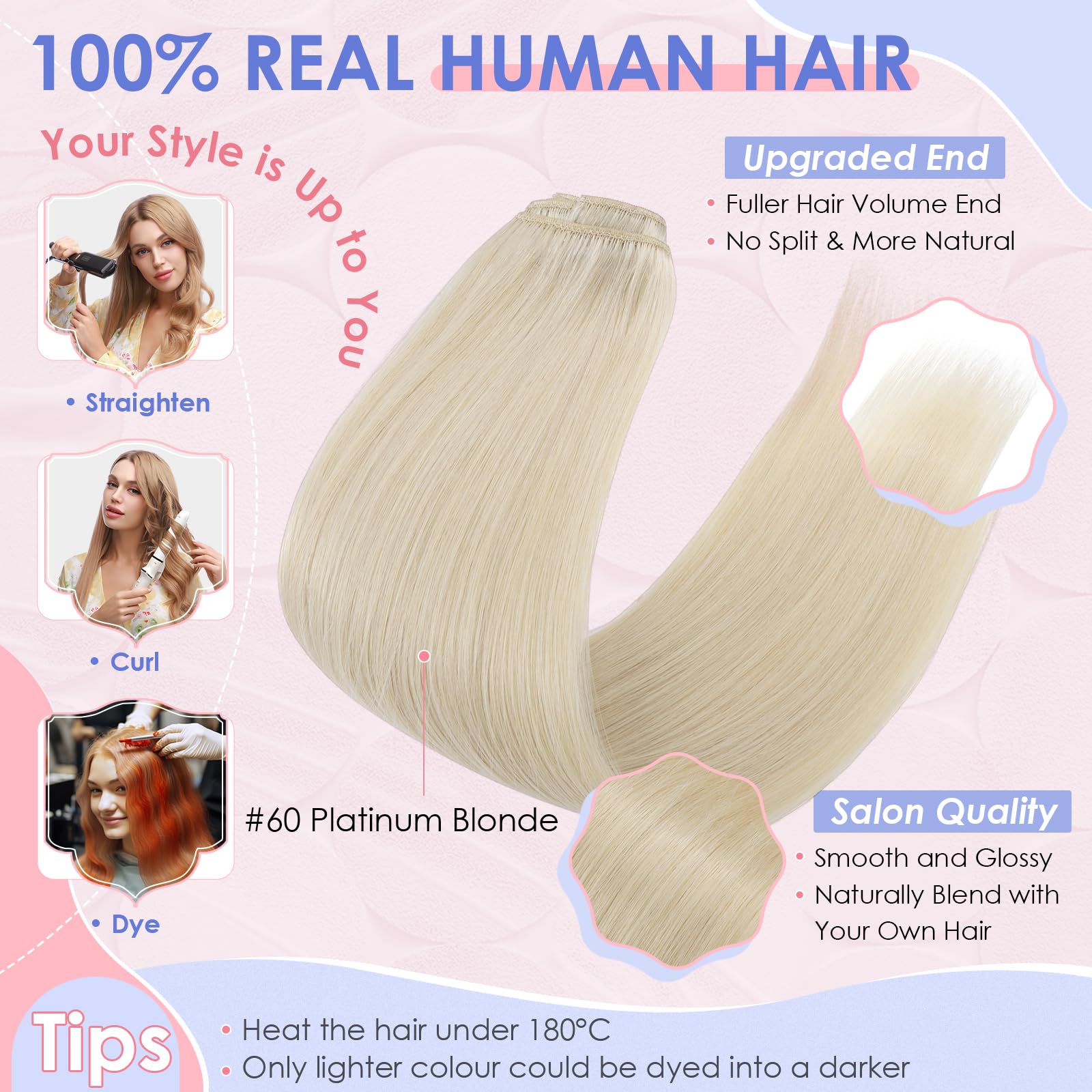 Elailite Blonde Clip in Hair Extensions Human Hair Real Hair Remy Natural Hair, 8 Pieces (Thin Weft) Straight - Image 4