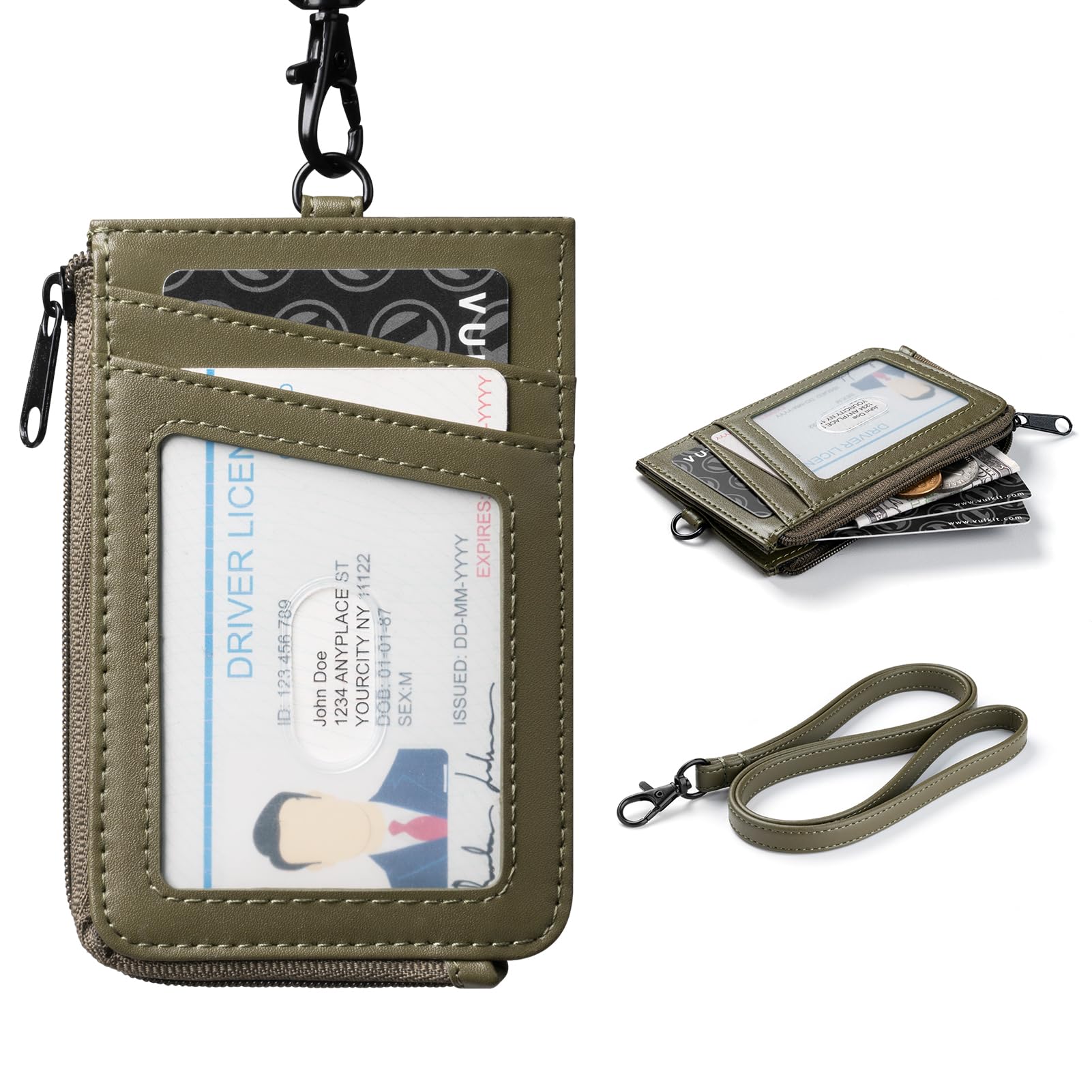 VULKIT ID Card Holder Lanyard for Neck with Zipper Pocket Work or School Card Badge Holder, Clear Window, Can Hold Coins, Key