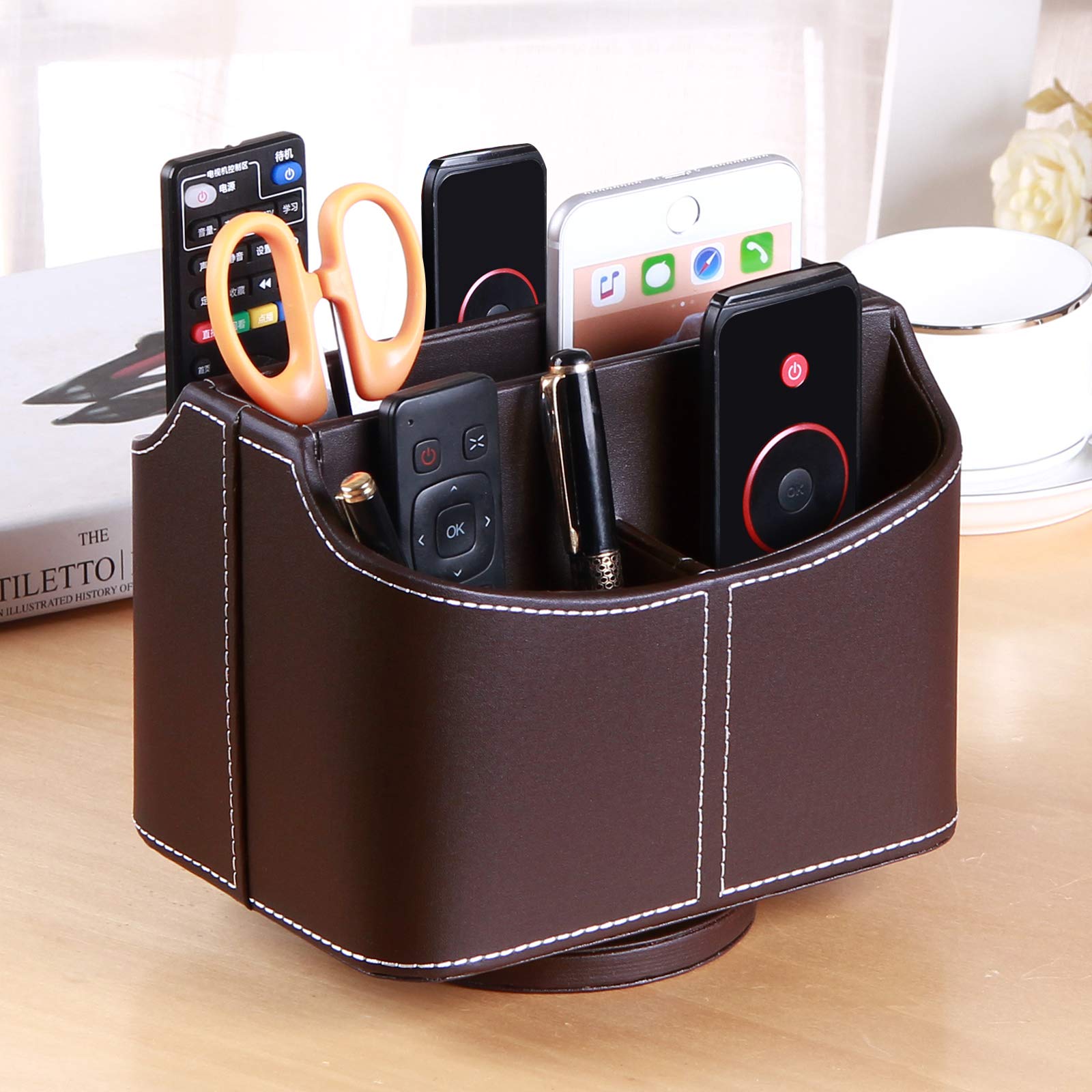 Soporte para mando a distancia de piel sintética con rotación de 360 grados, Multifunción organizador ,caja de almacenamiento para dispositivos multimedia, papelería, soporte de TV